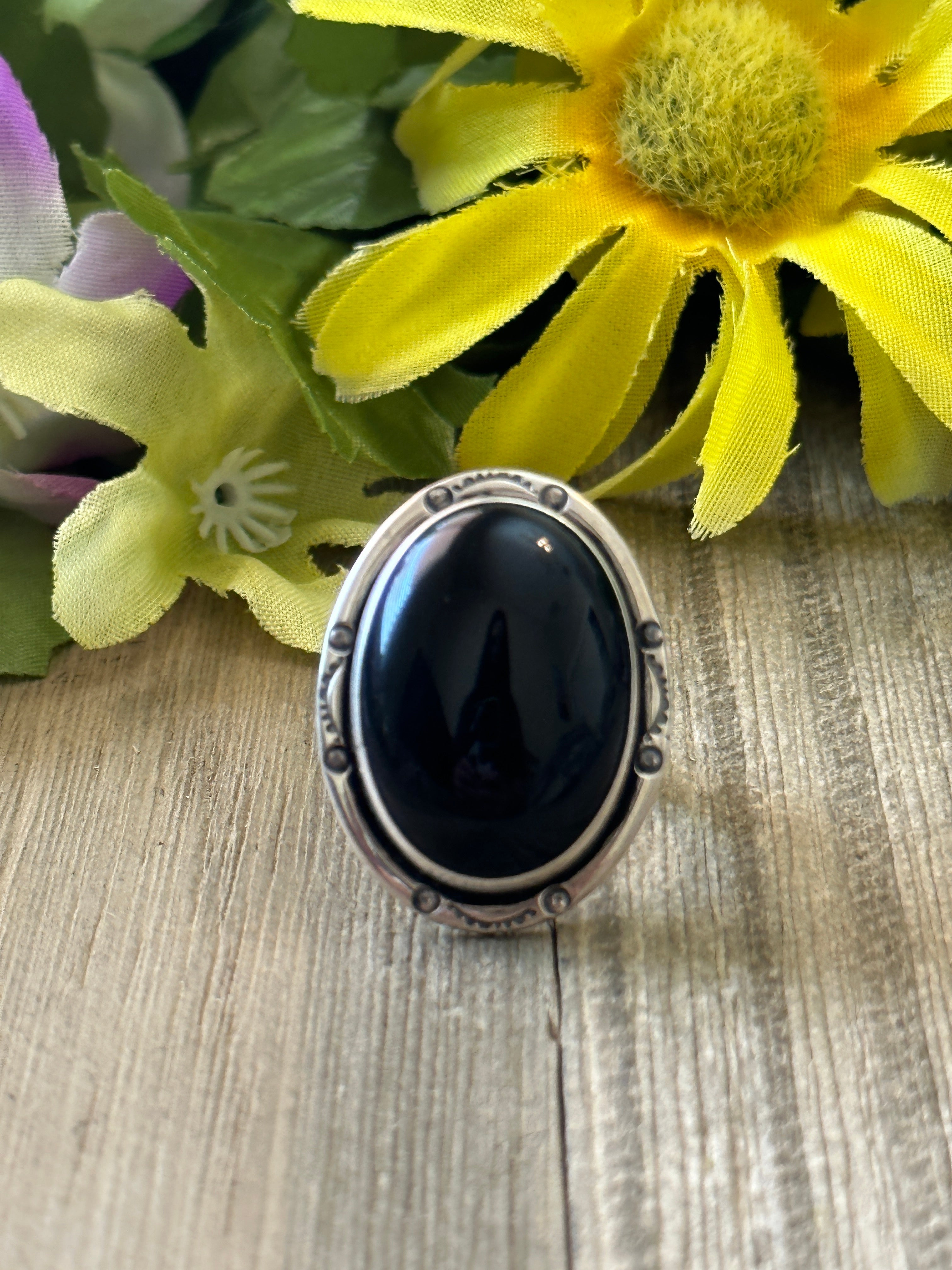 Navajo Made Onyx & Sterling Silver Ring Size 8