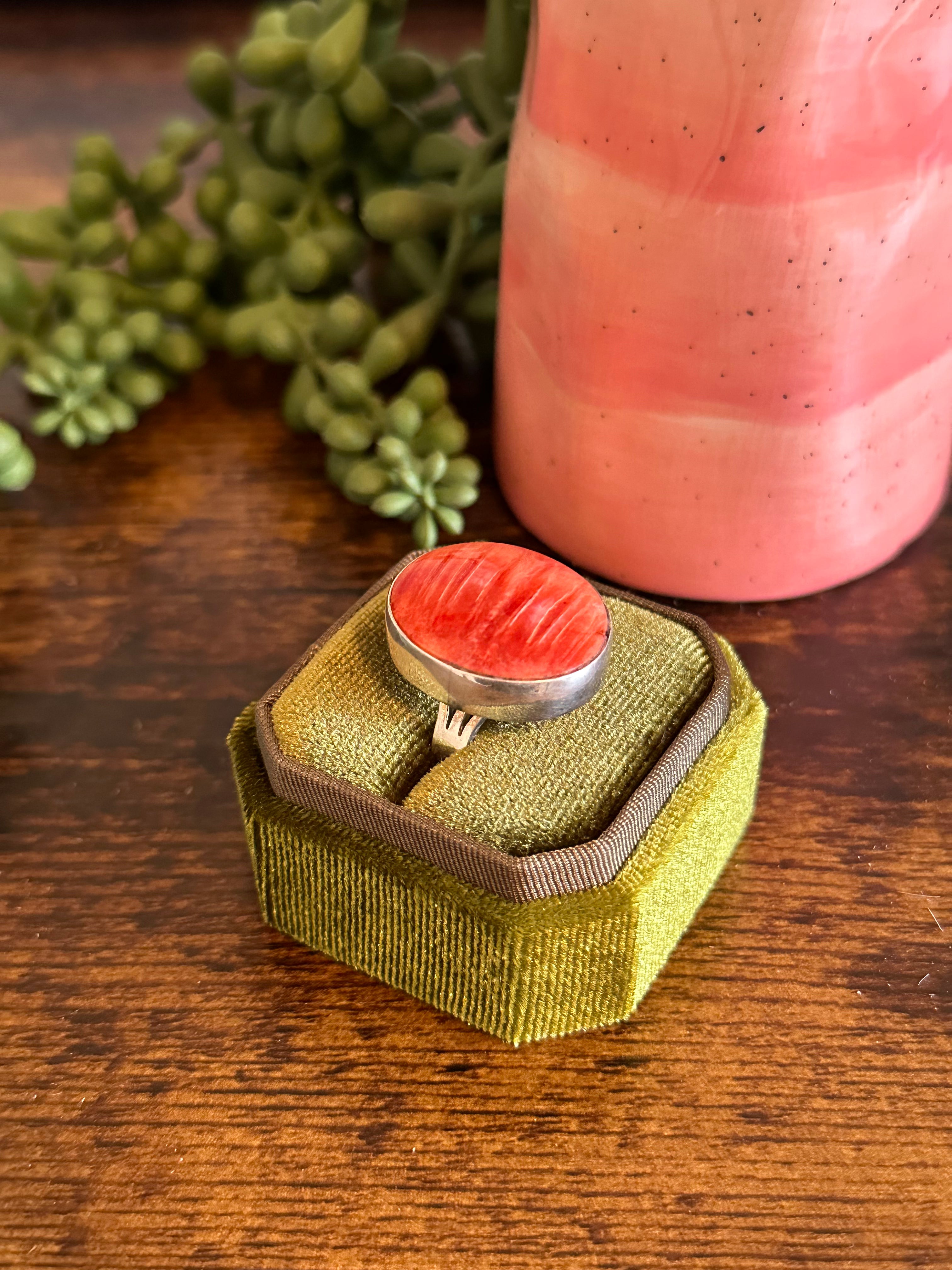 Navajo Made Red Spiny Oyster & Sterling Silver Ring Size 8.25