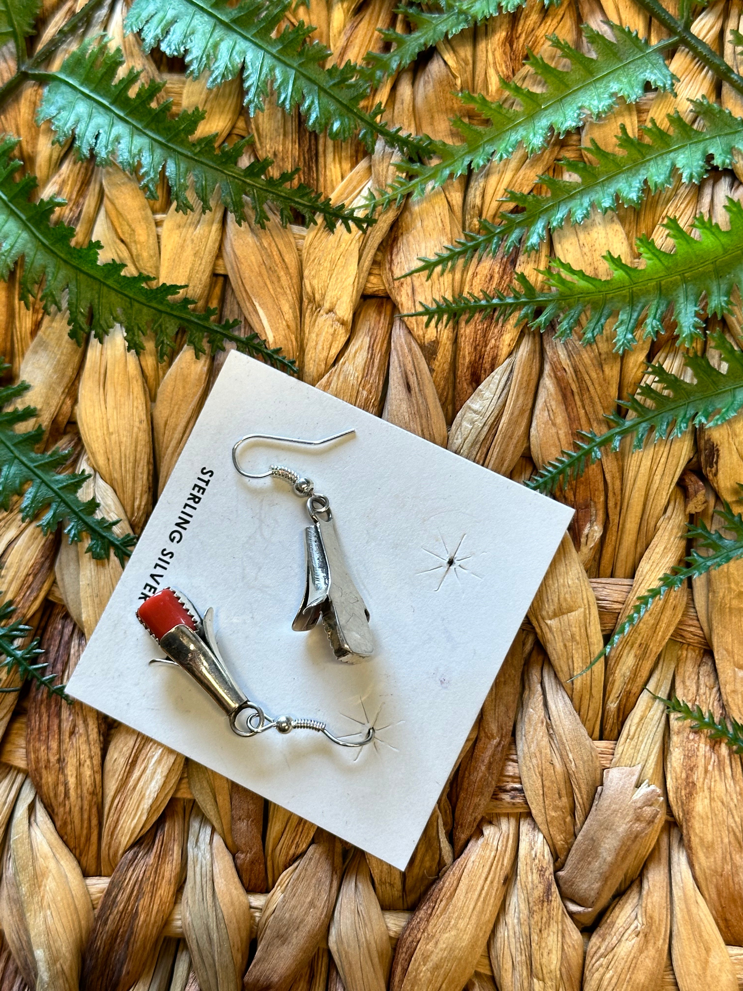 Navajo Made Coral & Sterling Silver Blossom Dangle Earrings