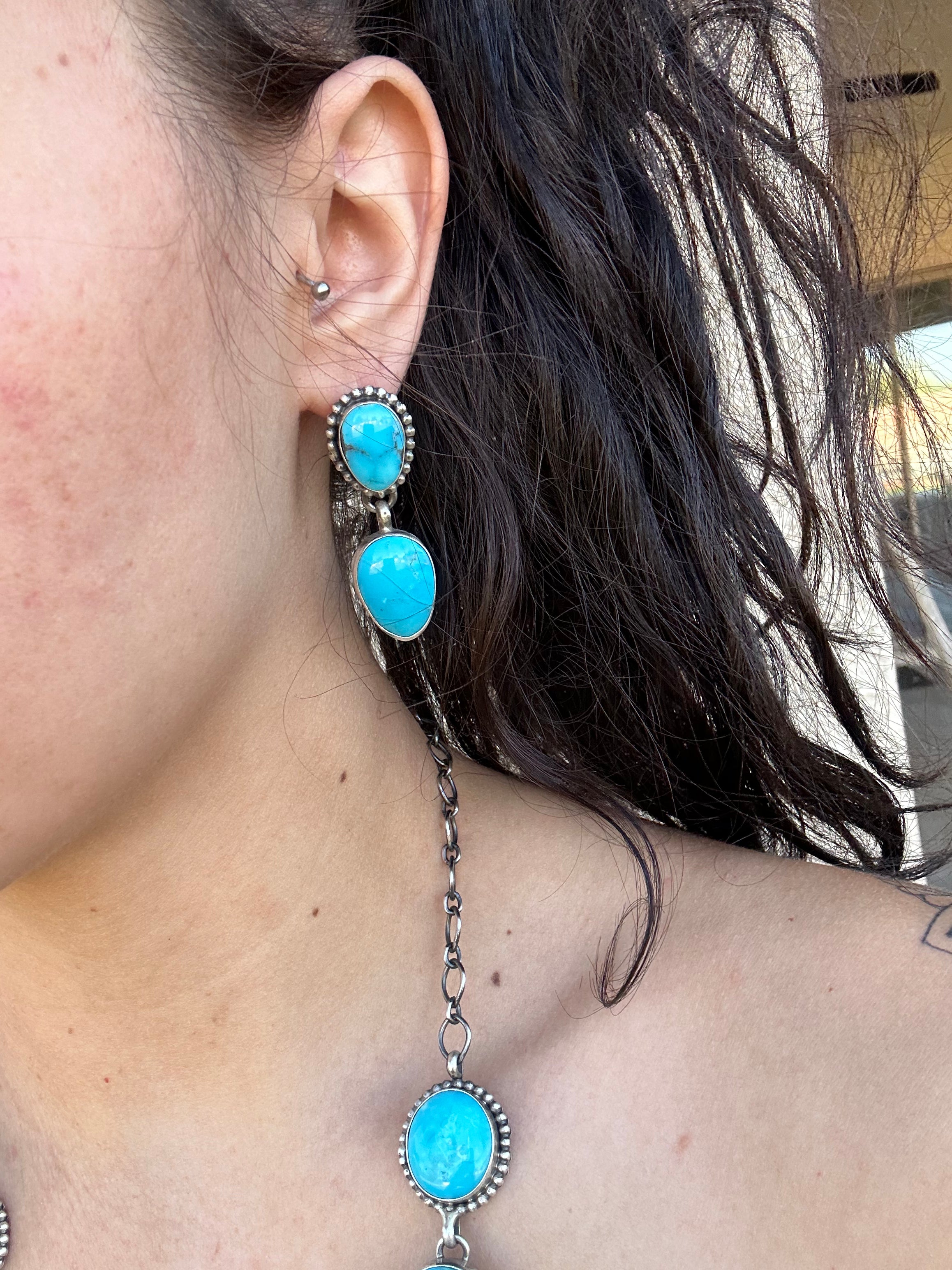 Navajo Made Kingman Turquoise and Sterling Silver Lariat Necklace Set