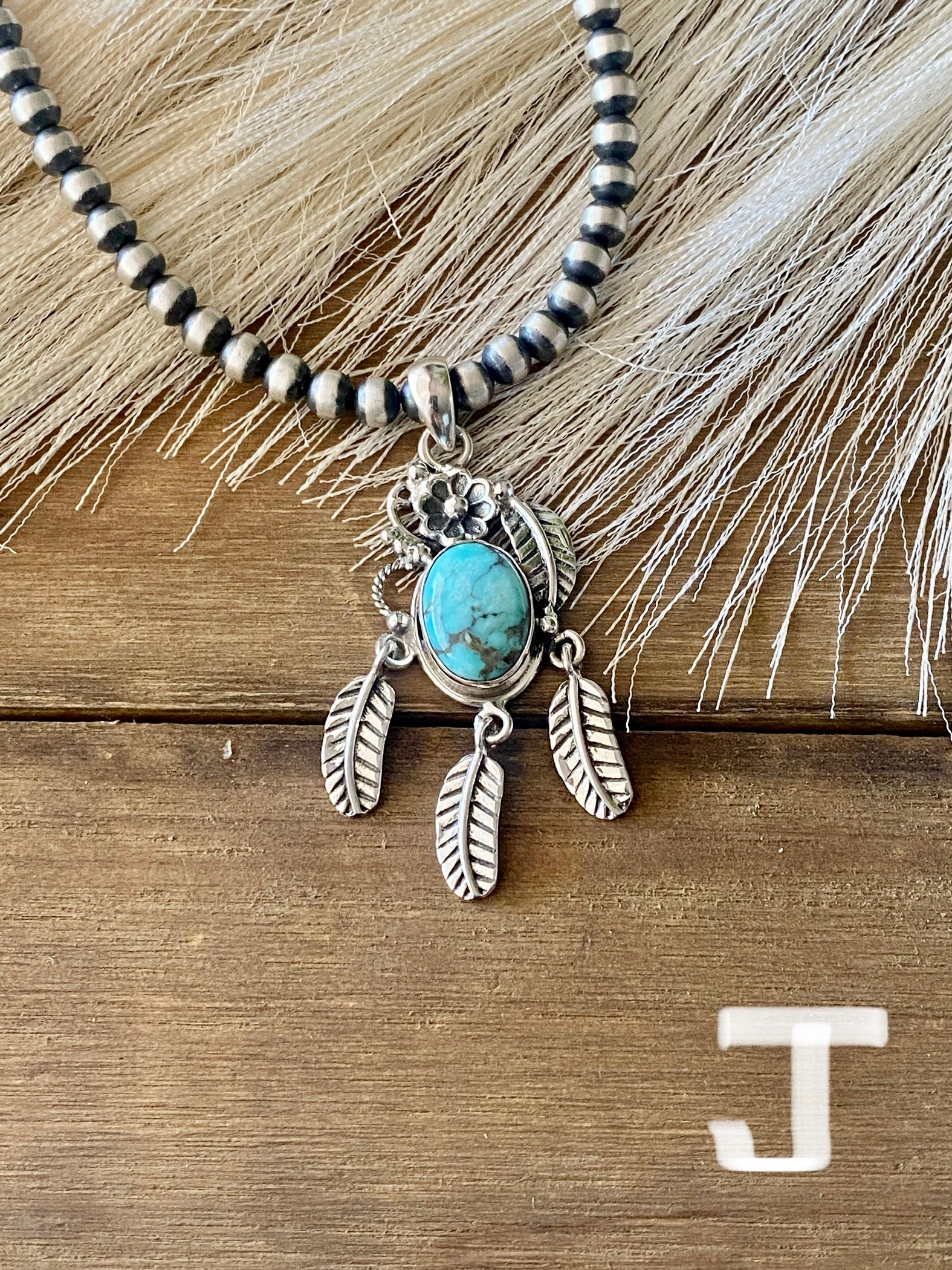 Southwest Handmade Kingman Turquoise & Sterling Silver Feather Pendant