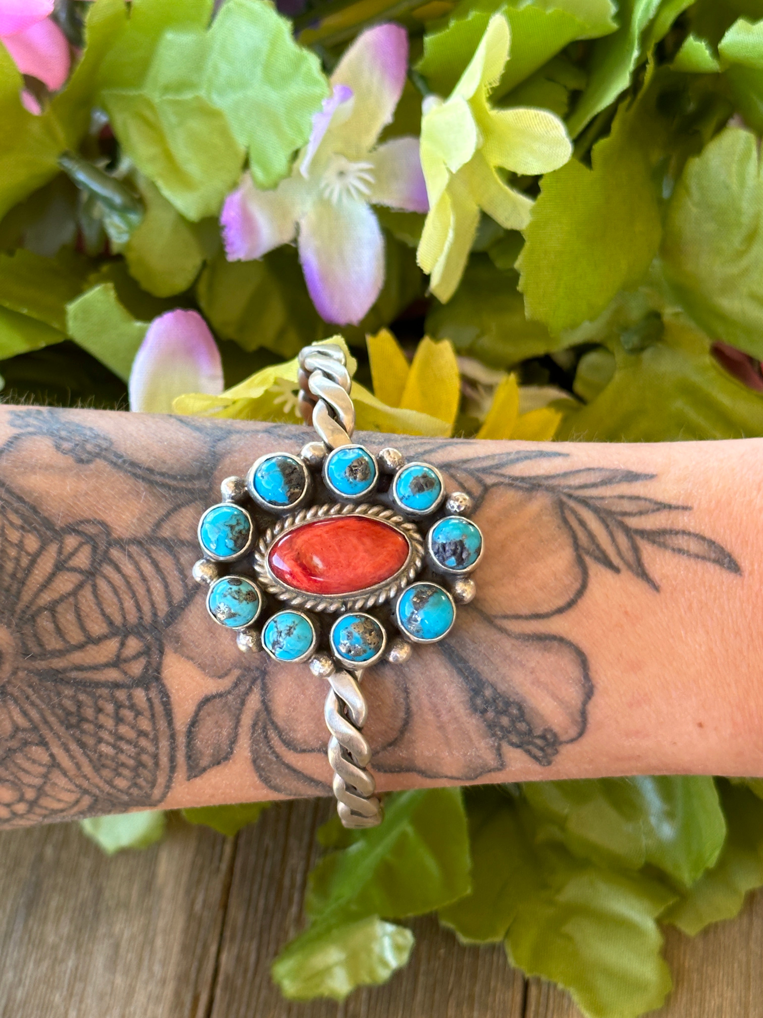 Navajo Made Multi Stone & Sterling Silver Cluster Cuff Bracelet