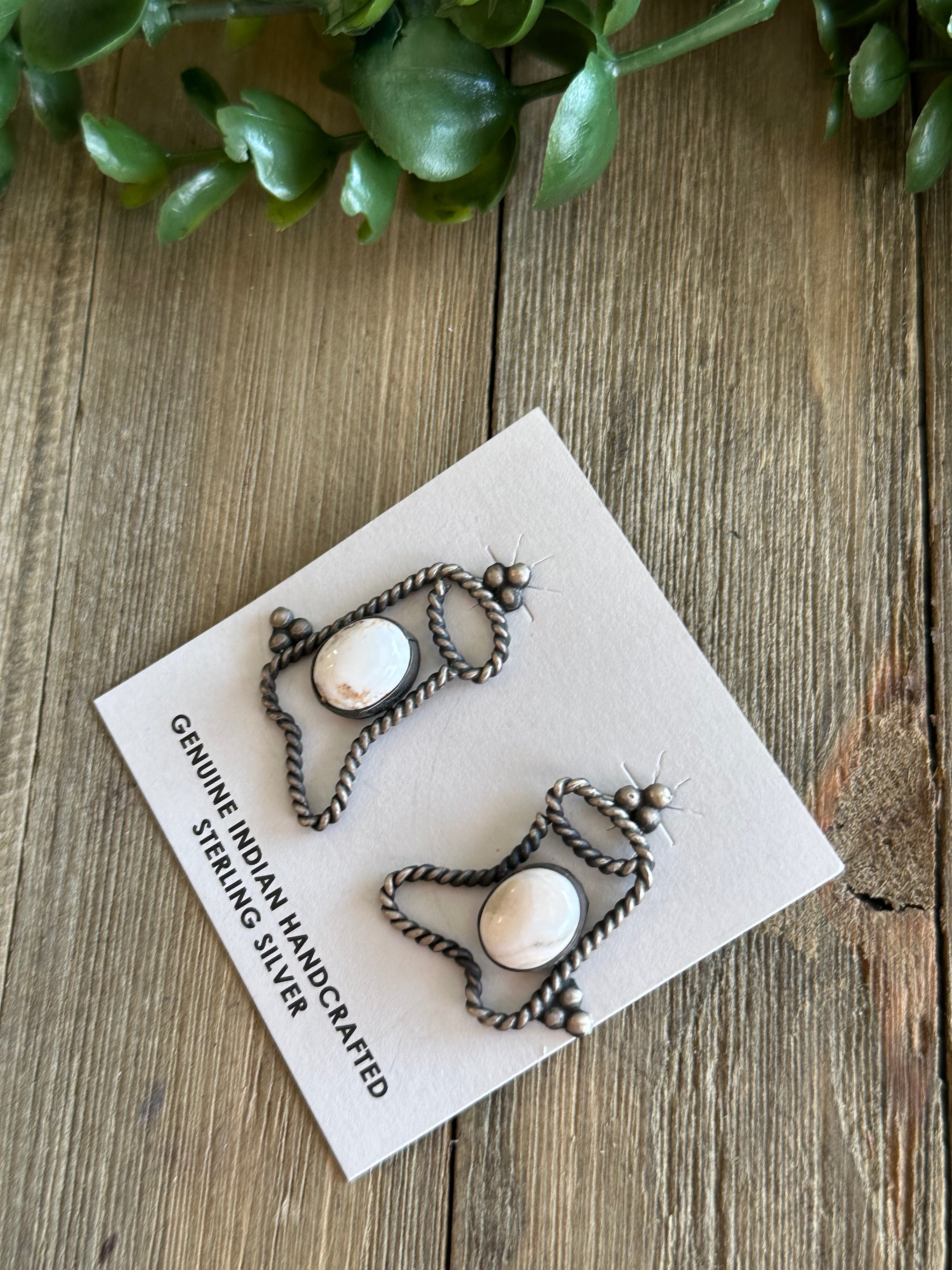 Navajo Made White Buffalo & Sterling Silver Post Dangle Cowboy Boot Earrings