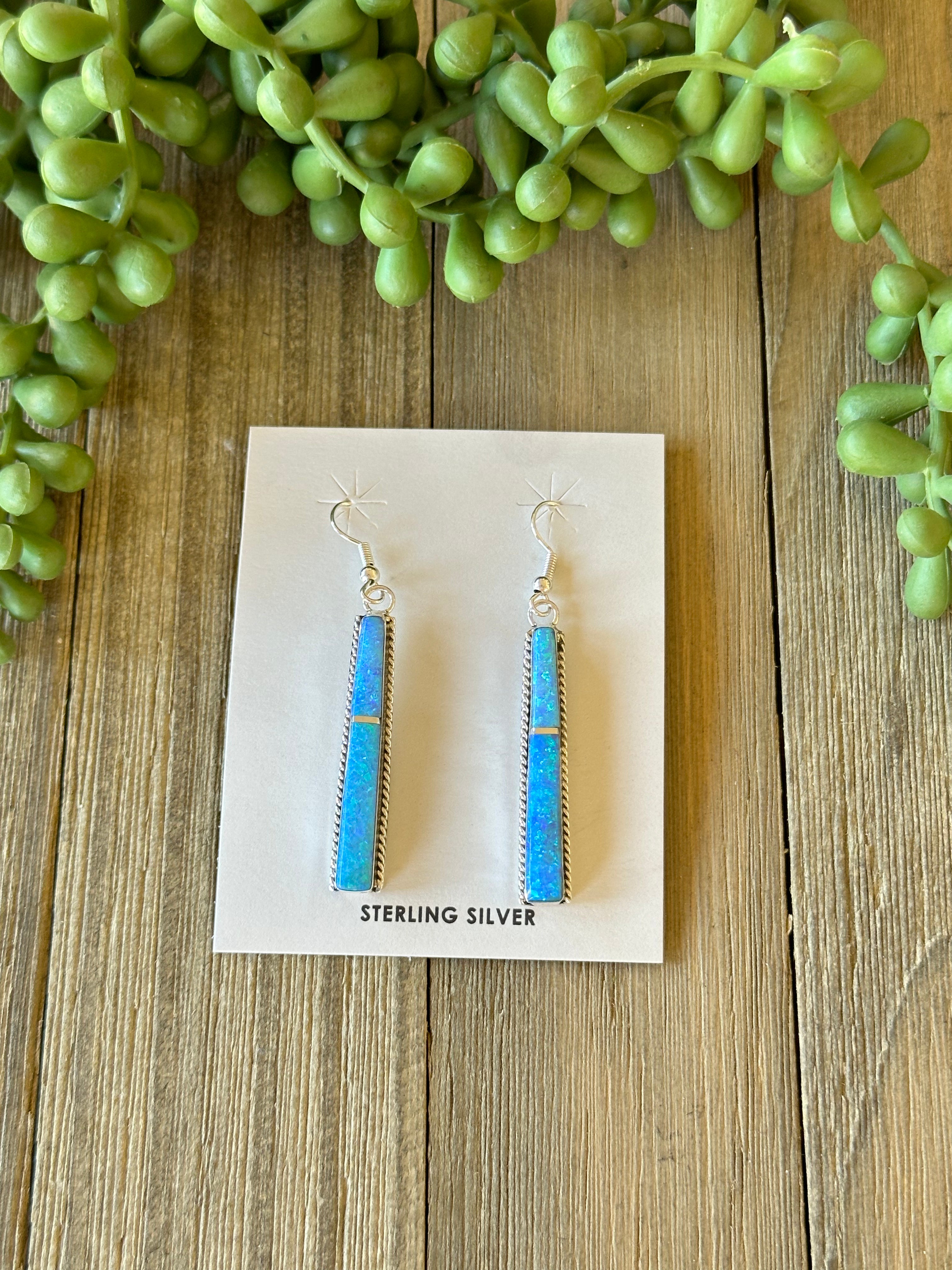 Navajo Made Blue Opal (Man Made) & Sterling Silver Dangle Earrings