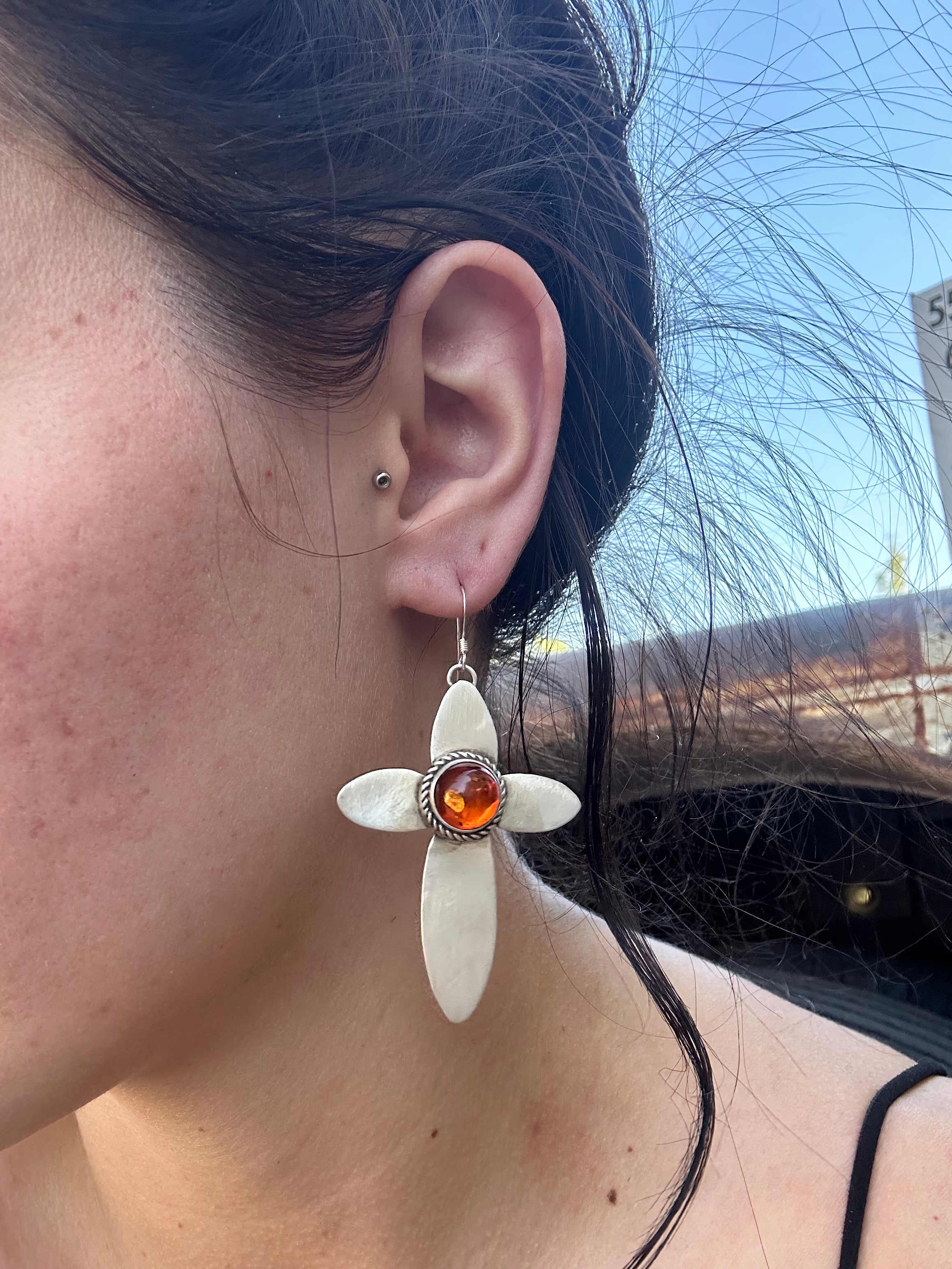 Navajo Made Amber & Sterling Silver Dangle Cross Earrings