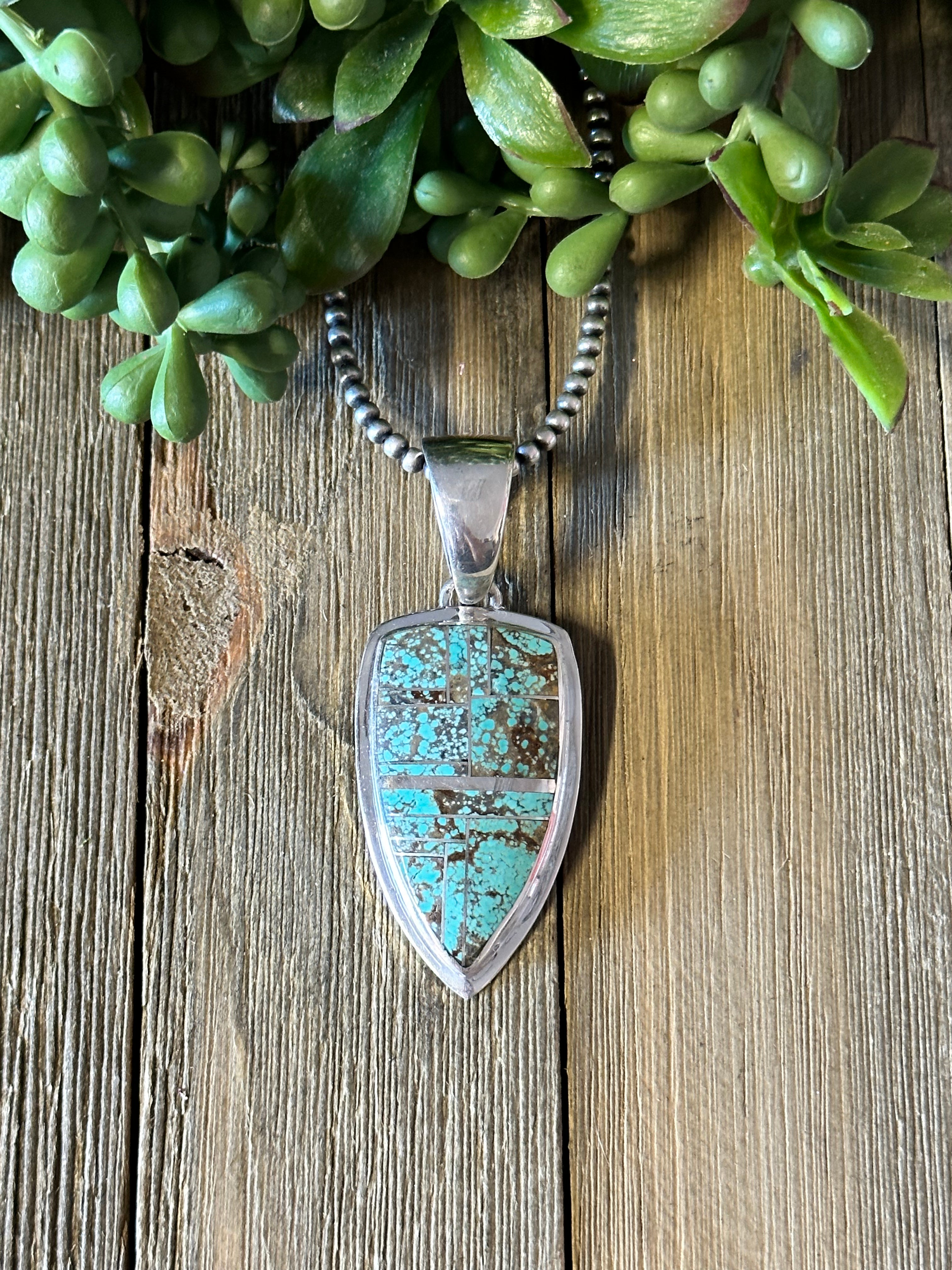 Navajo Made #8 Turquoise & Sterling Silver Inlay Pendant