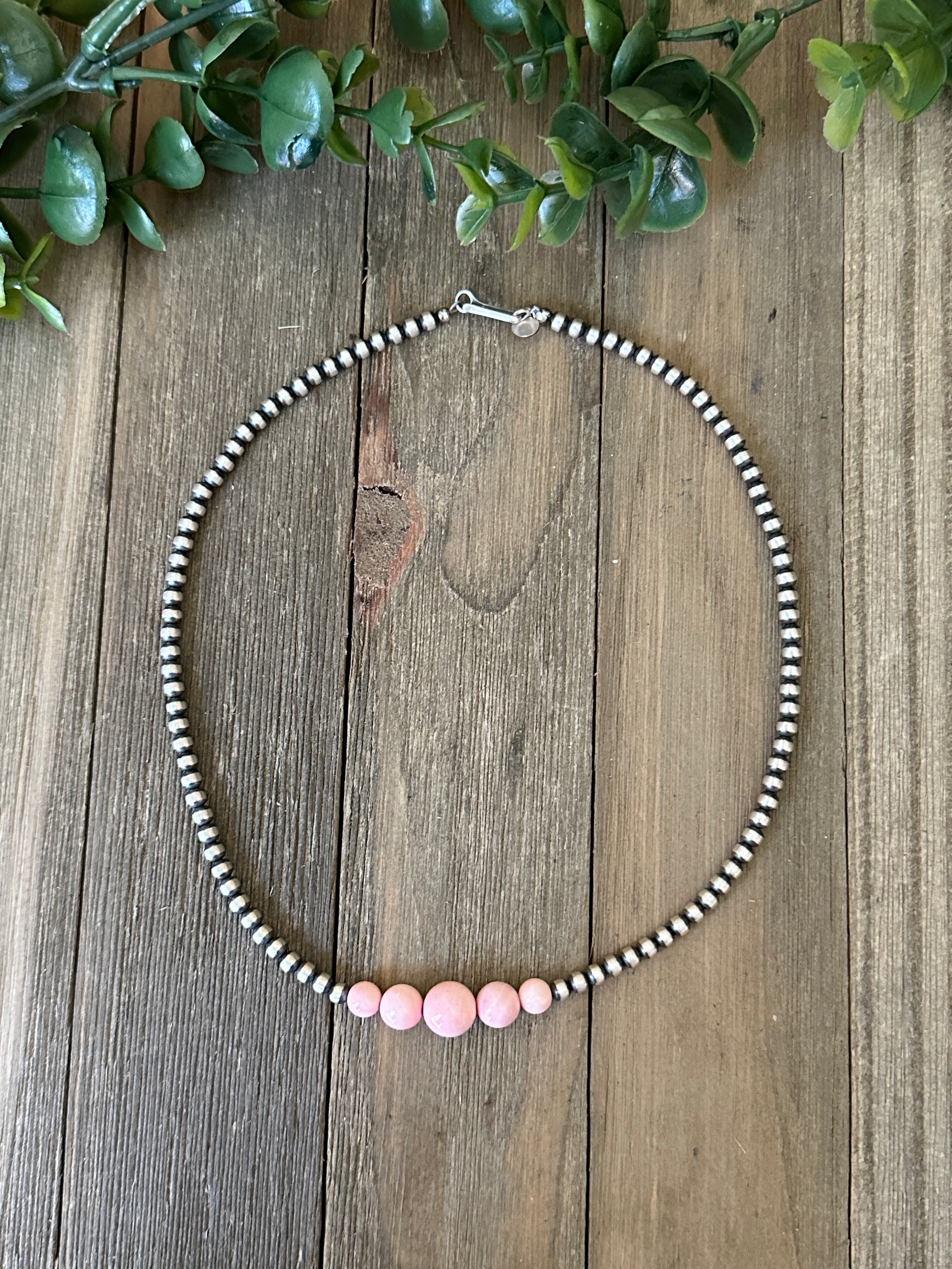 Navajo Strung Pink Conch & Sterling Silver 4 MM Pearls Beaded Necklace