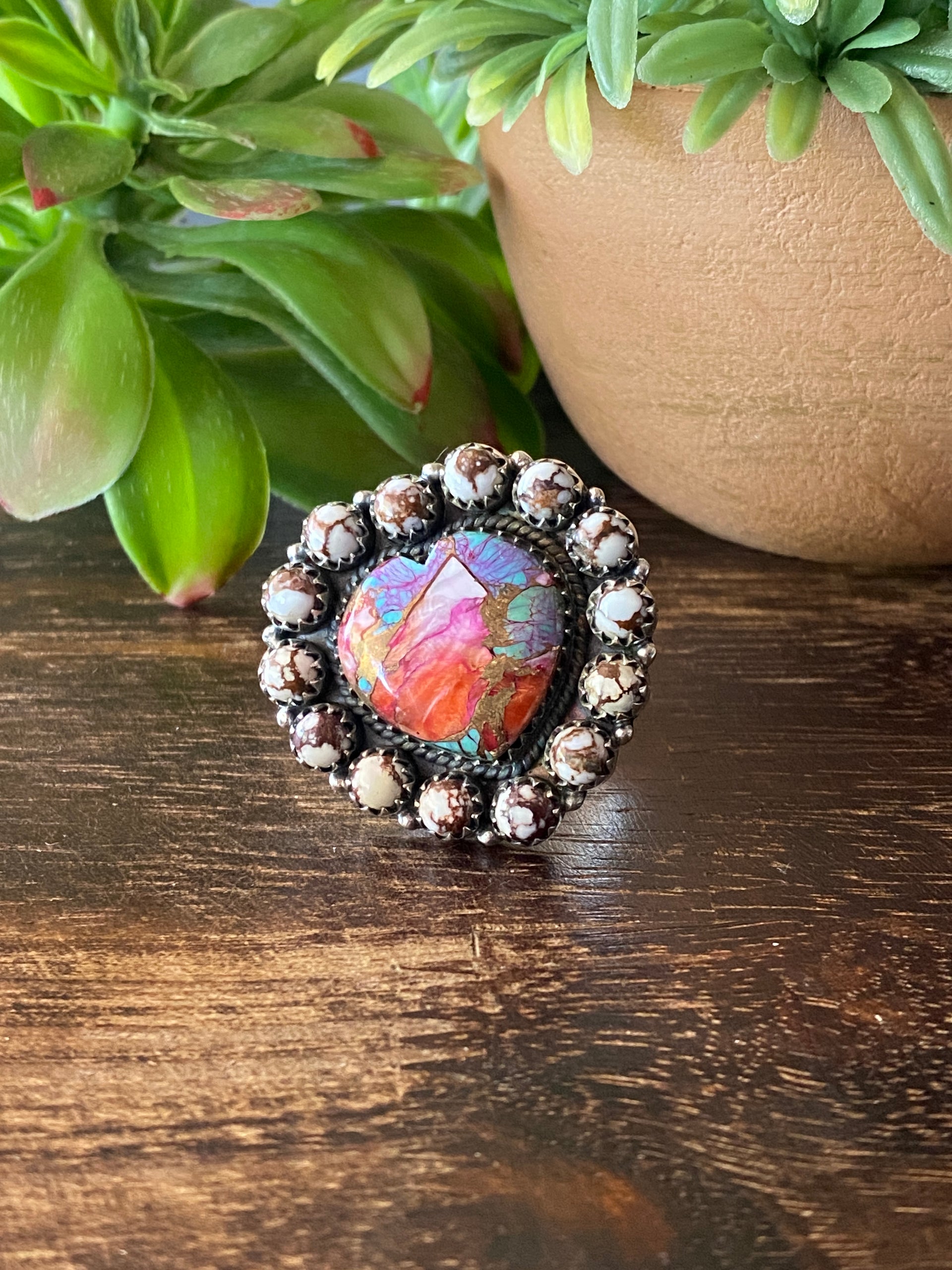 Southwest Handmade Multi Stone & Sterling Silver Adjustable Cluster Ring