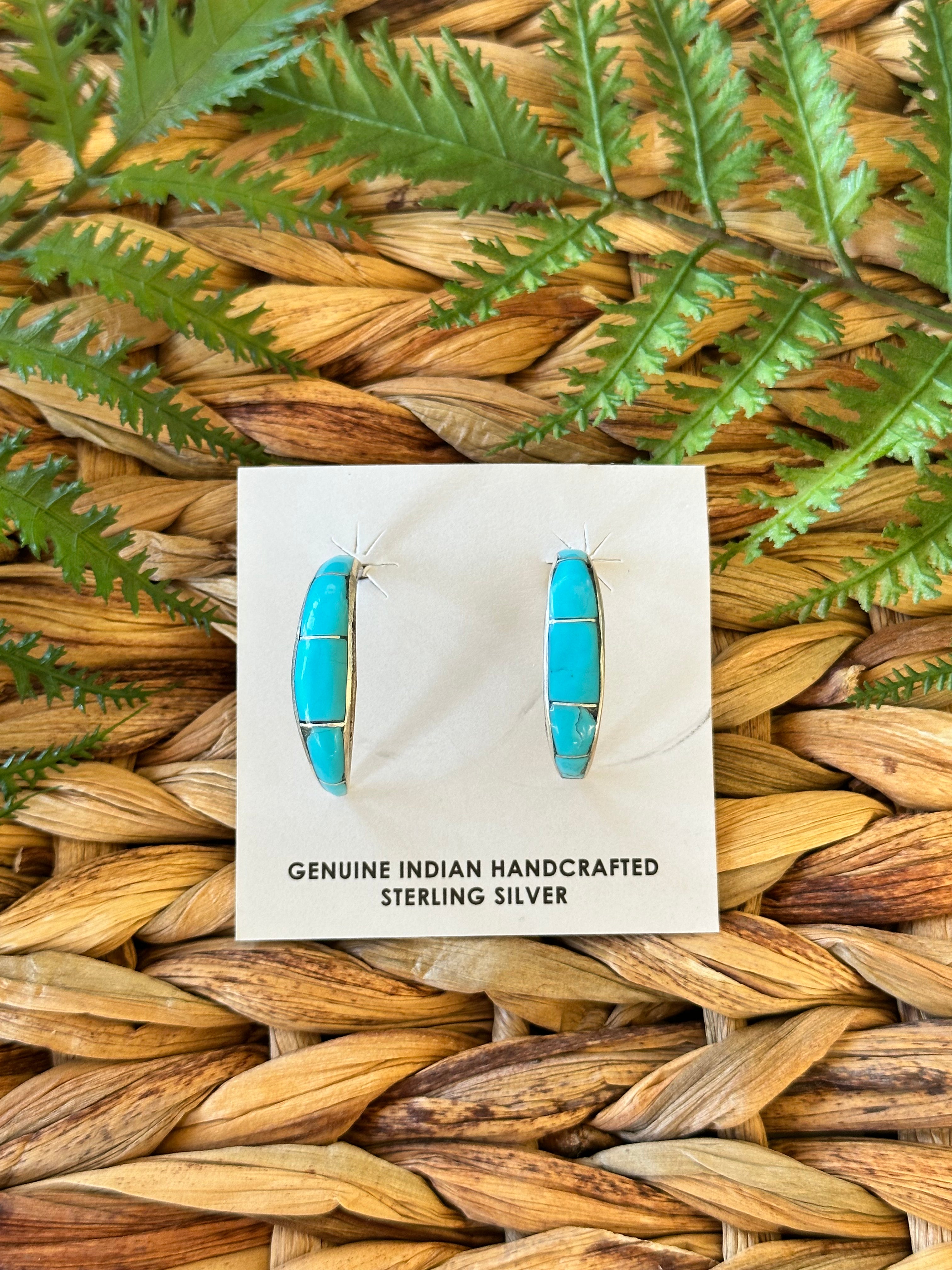 Kee Johnson Kingman Turquoise & Sterling Silver Post Hoop Earrings