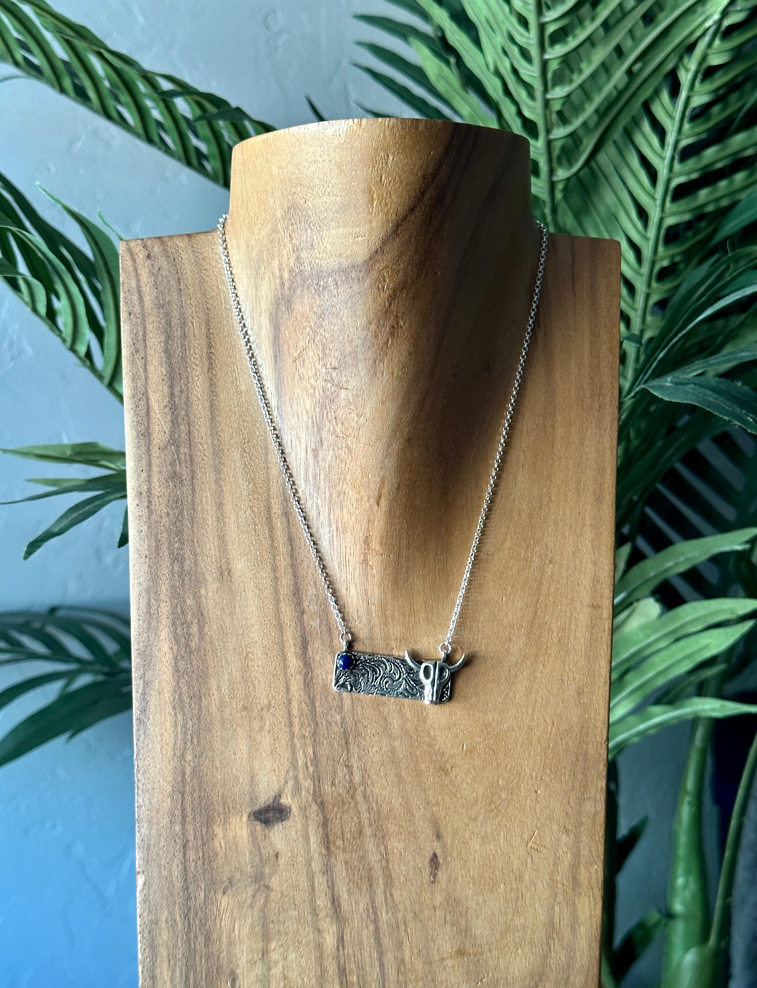 Southwest Handmade Lapis & Sterling Silver Steer Bar Necklace