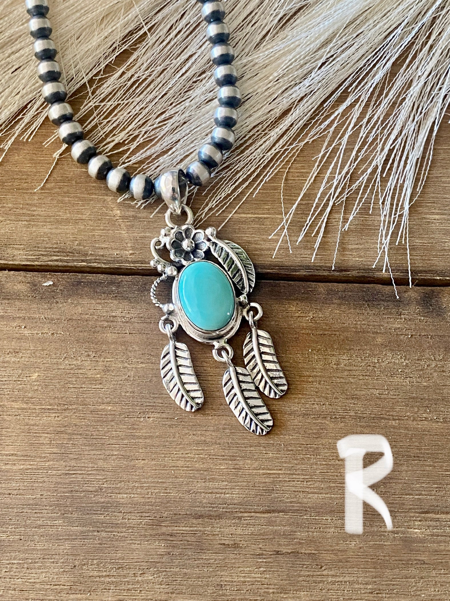 Southwest Handmade Kingman Turquoise & Sterling Silver Feather Pendant