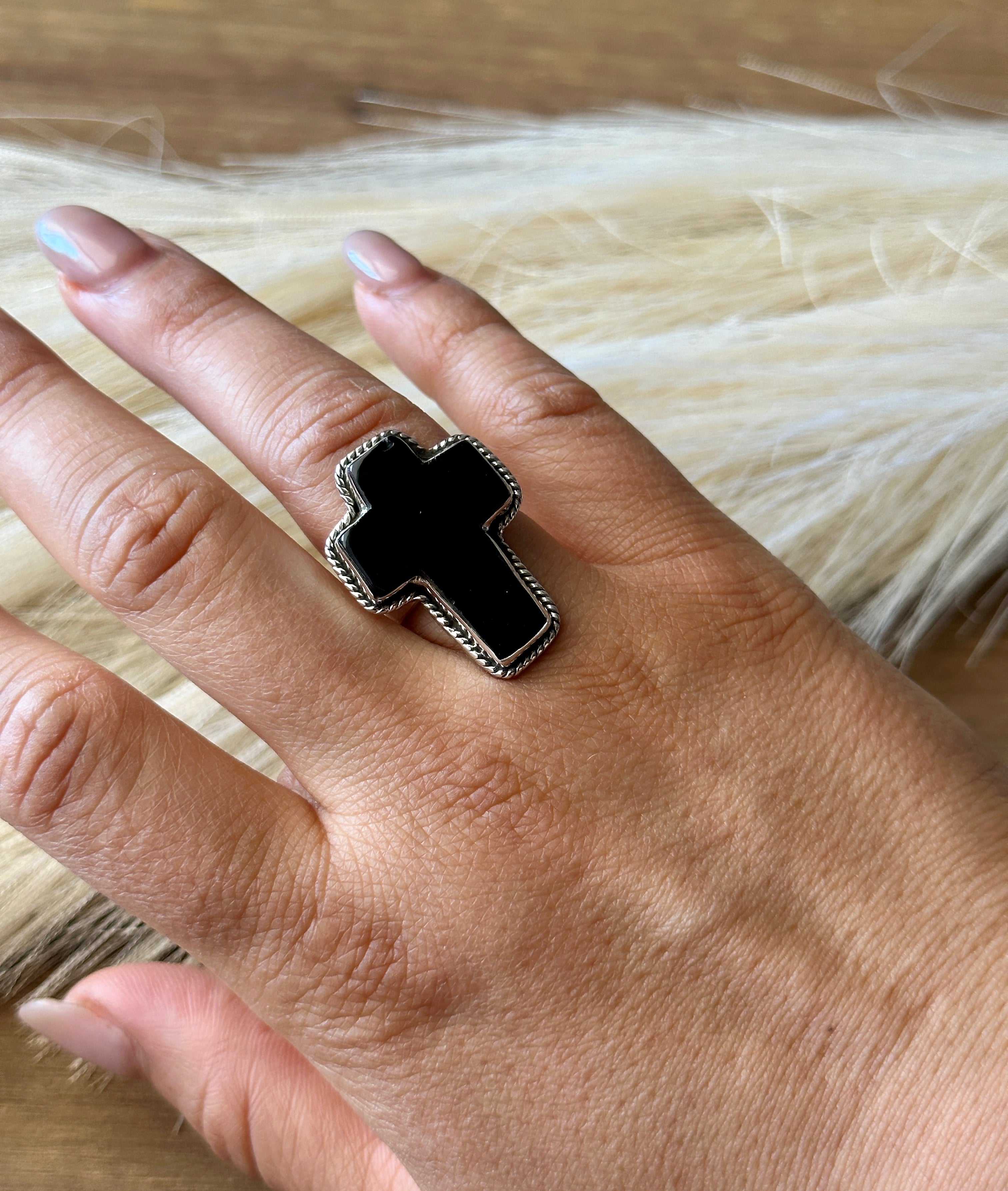 Southwest Handmade Onyx & Sterling Silver Adjustable Cross Ring