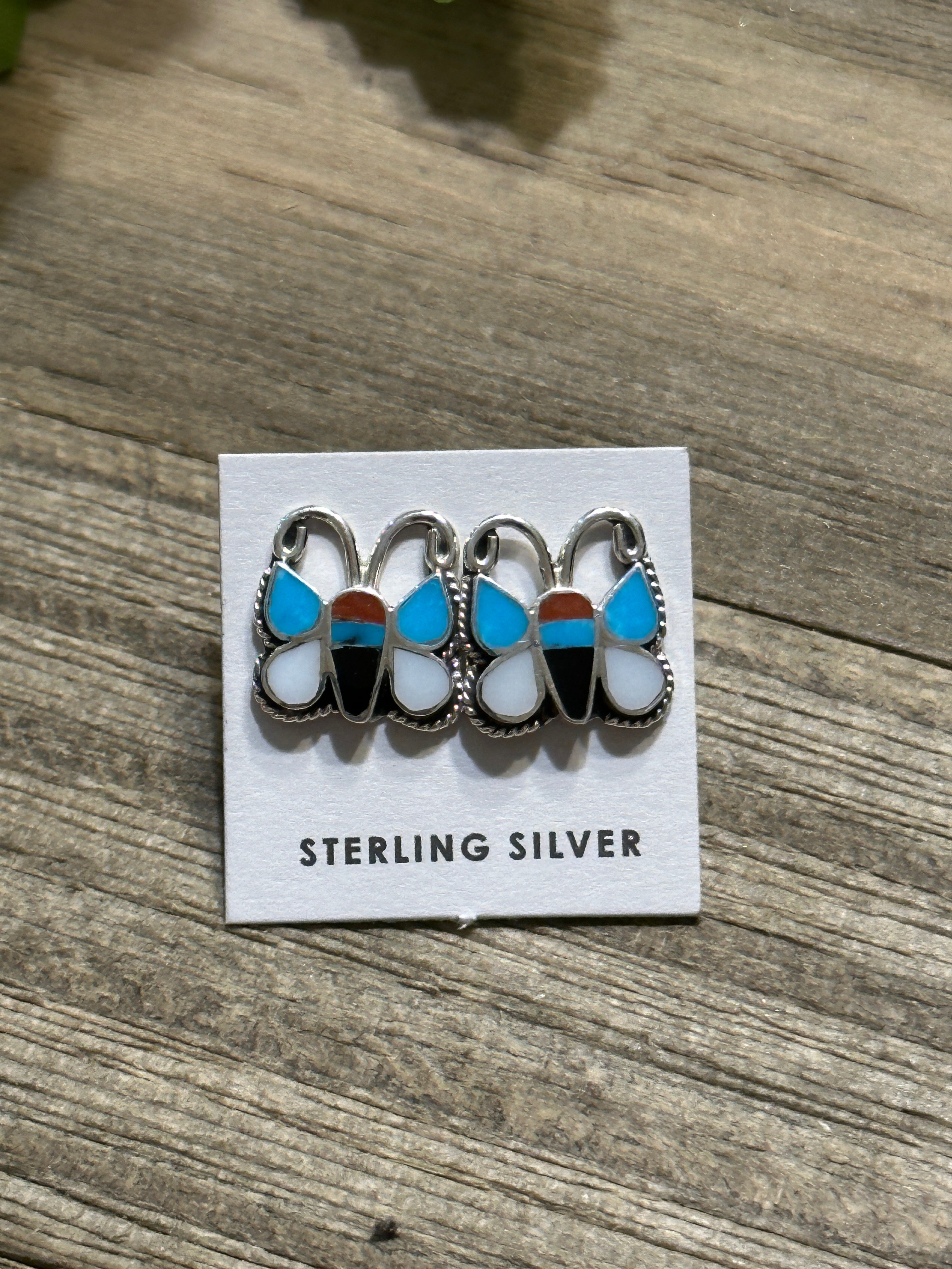 Zuni Made Multi Stone & Sterling Silver Inlay Butterfly Post Earrings