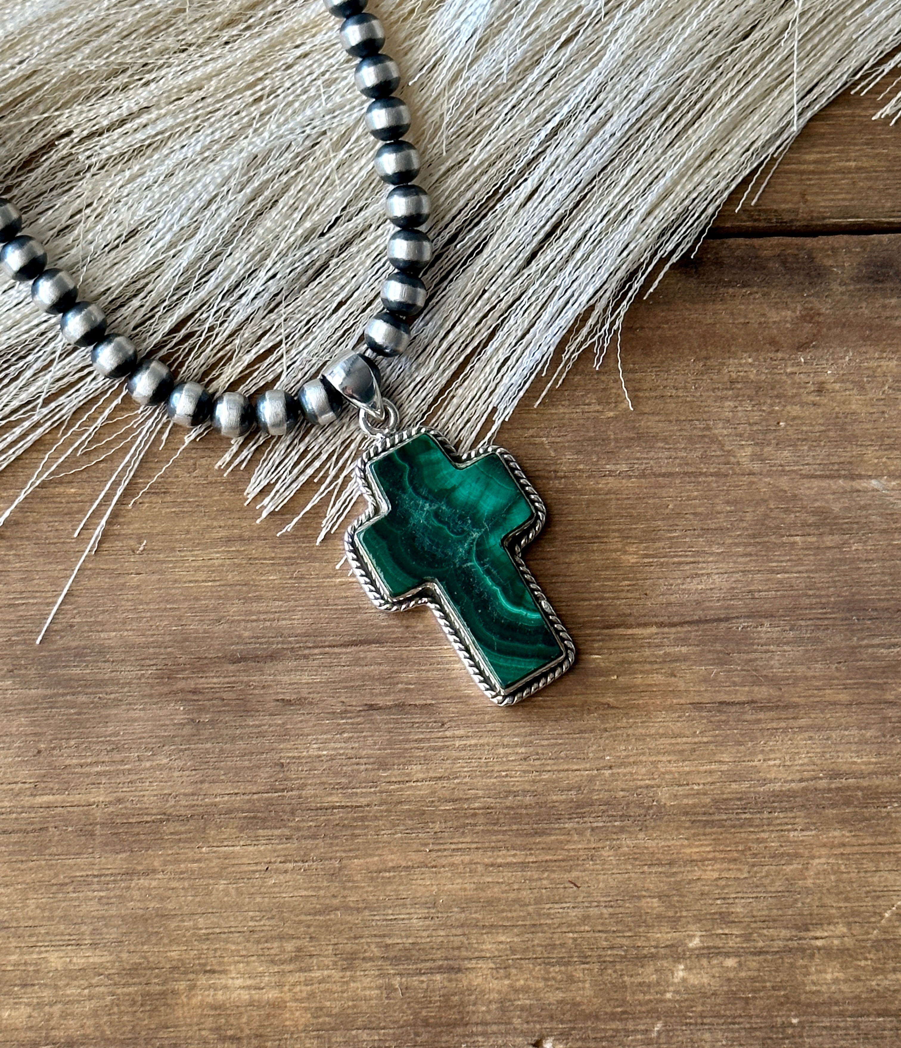 Southwest Handmade Malachite & Sterling Silver Cross Pendant