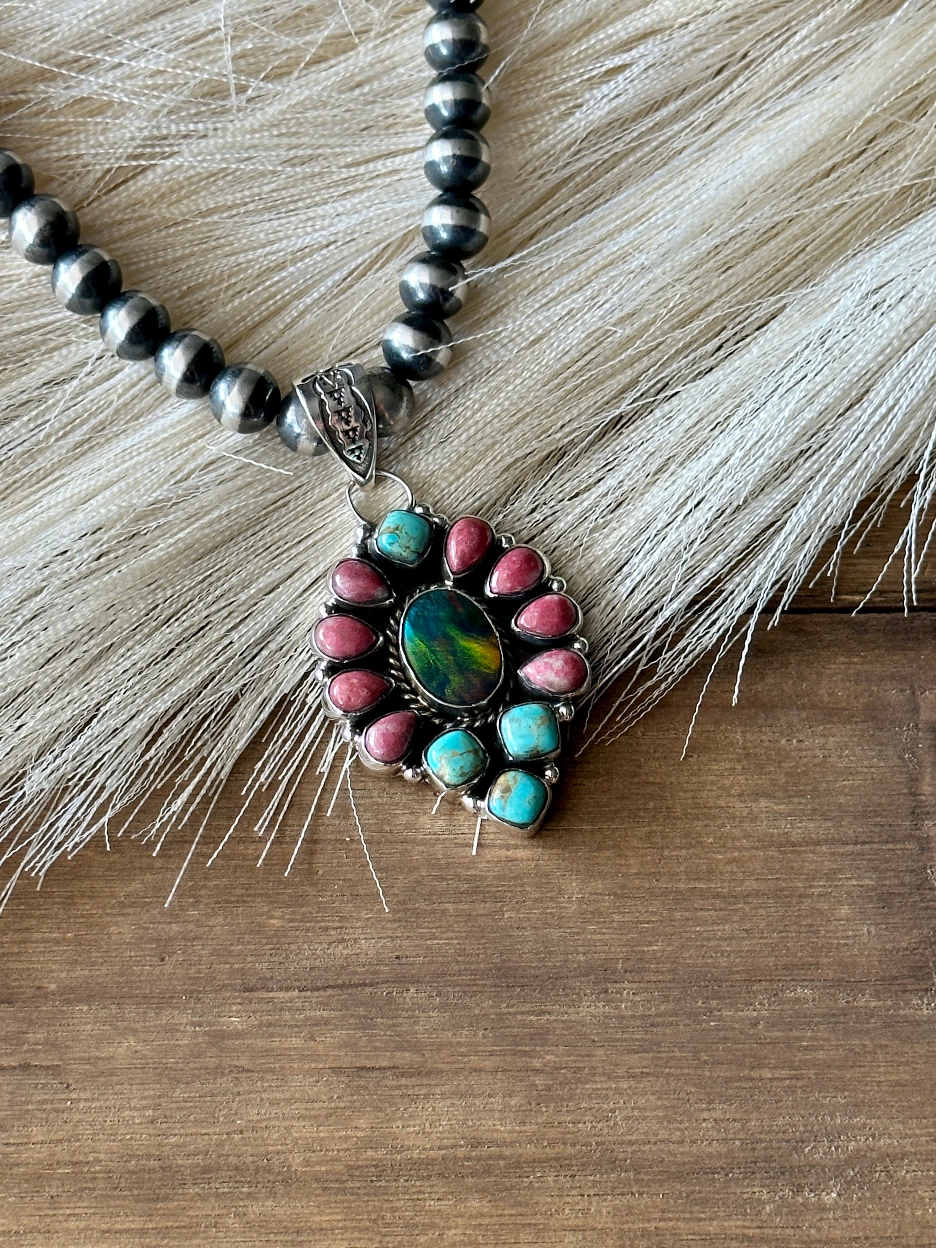 #9 Southwest Handmade Multi Stone & Sterling Silver Cluster Pendant