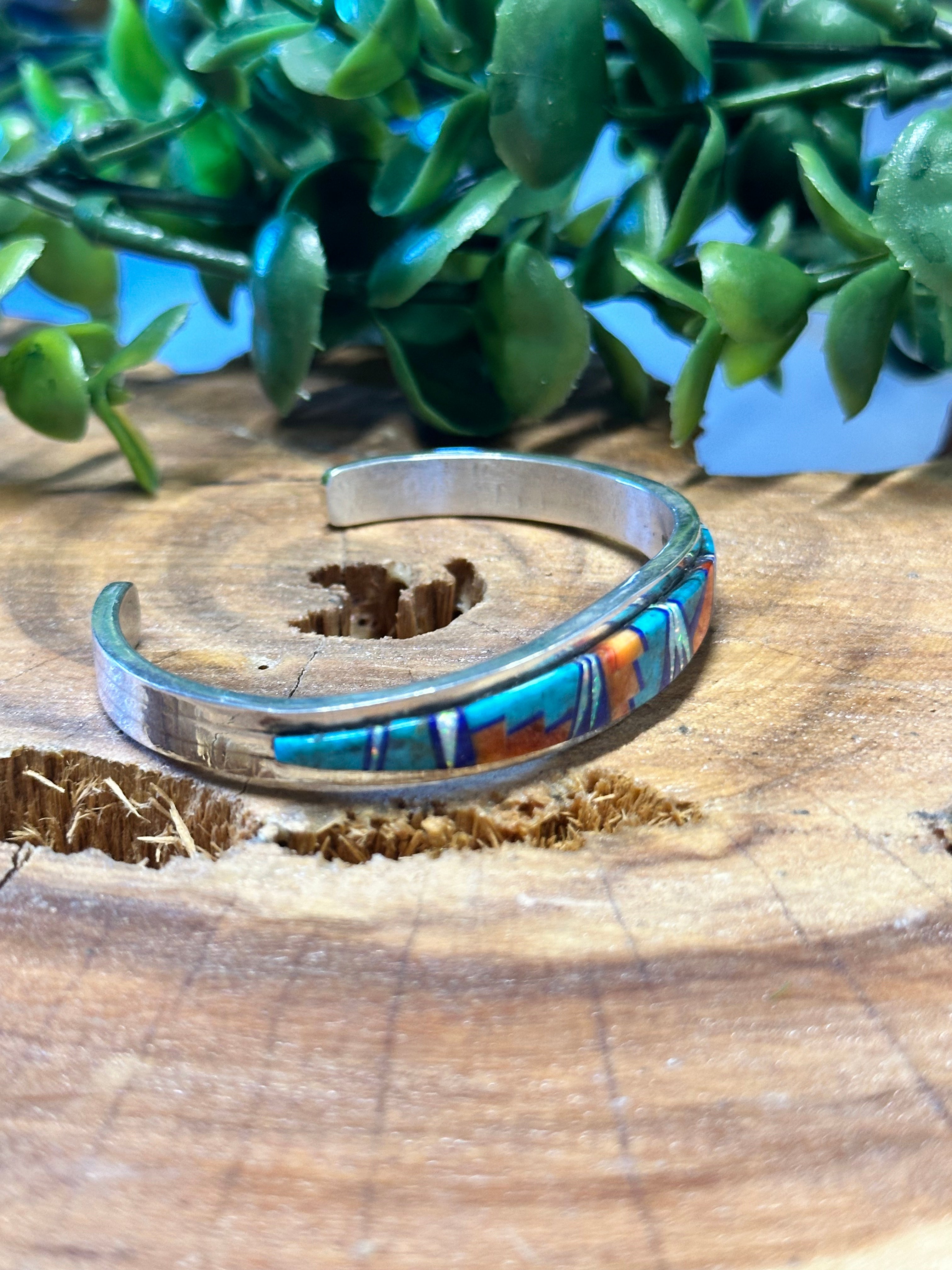 Navajo Made Multi Stone & Sterling Silver Inlay Cuff Bracelet