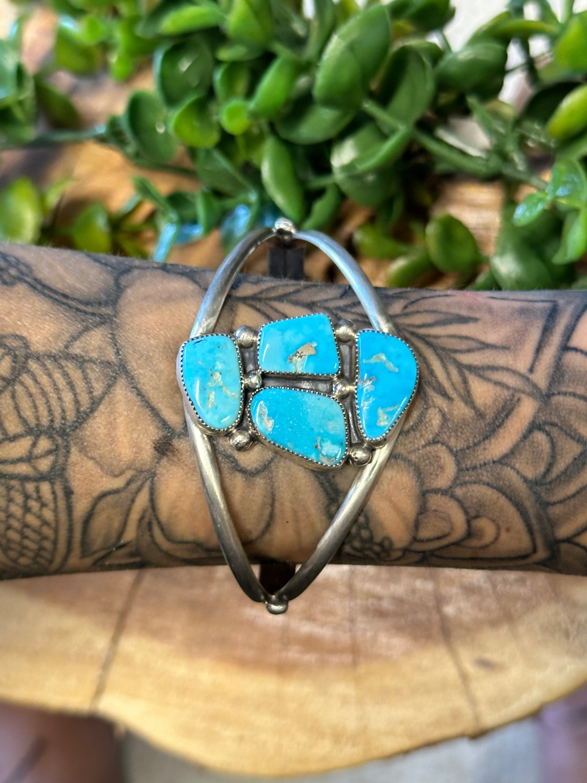 John Begay Kingman Turquoise & Sterling Silver Cluster Cuff Bracelet
