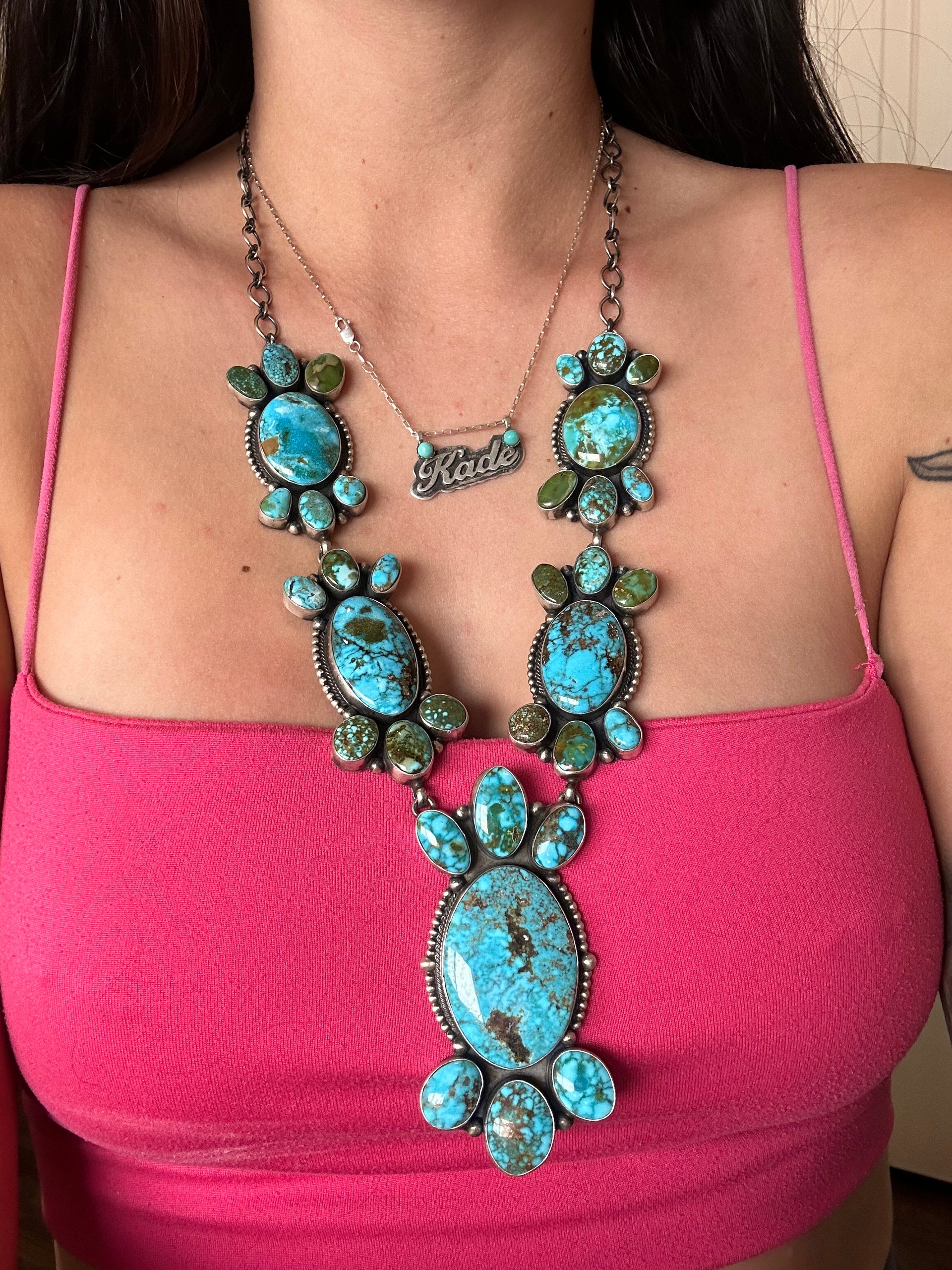 Paul Livingston Natural Birds Eye Kingman Turquoise & Sterling Silver Cluster Necklace Set