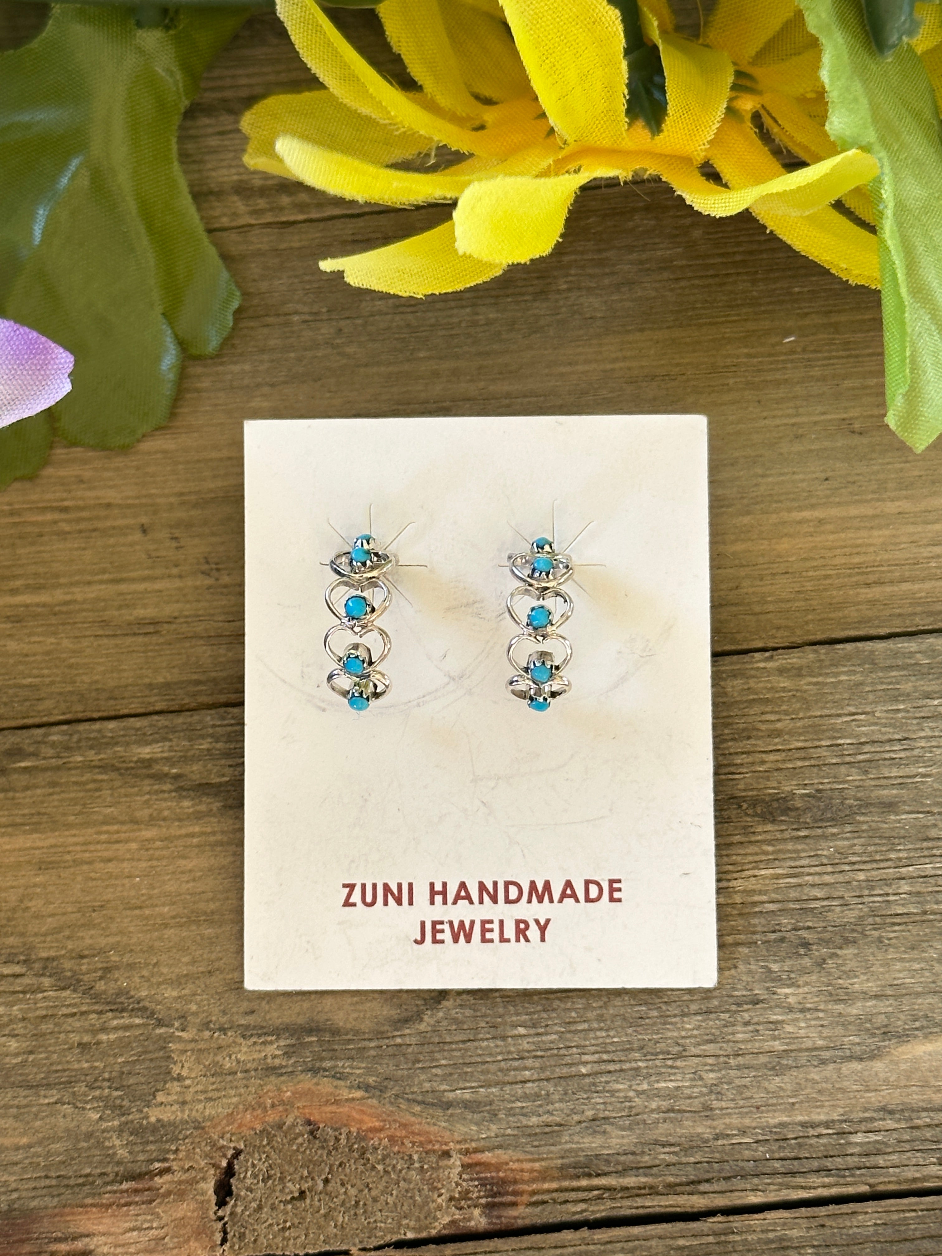 Zuni Made Turquoise & Sterling Silver Post Heart Hoop Earrings