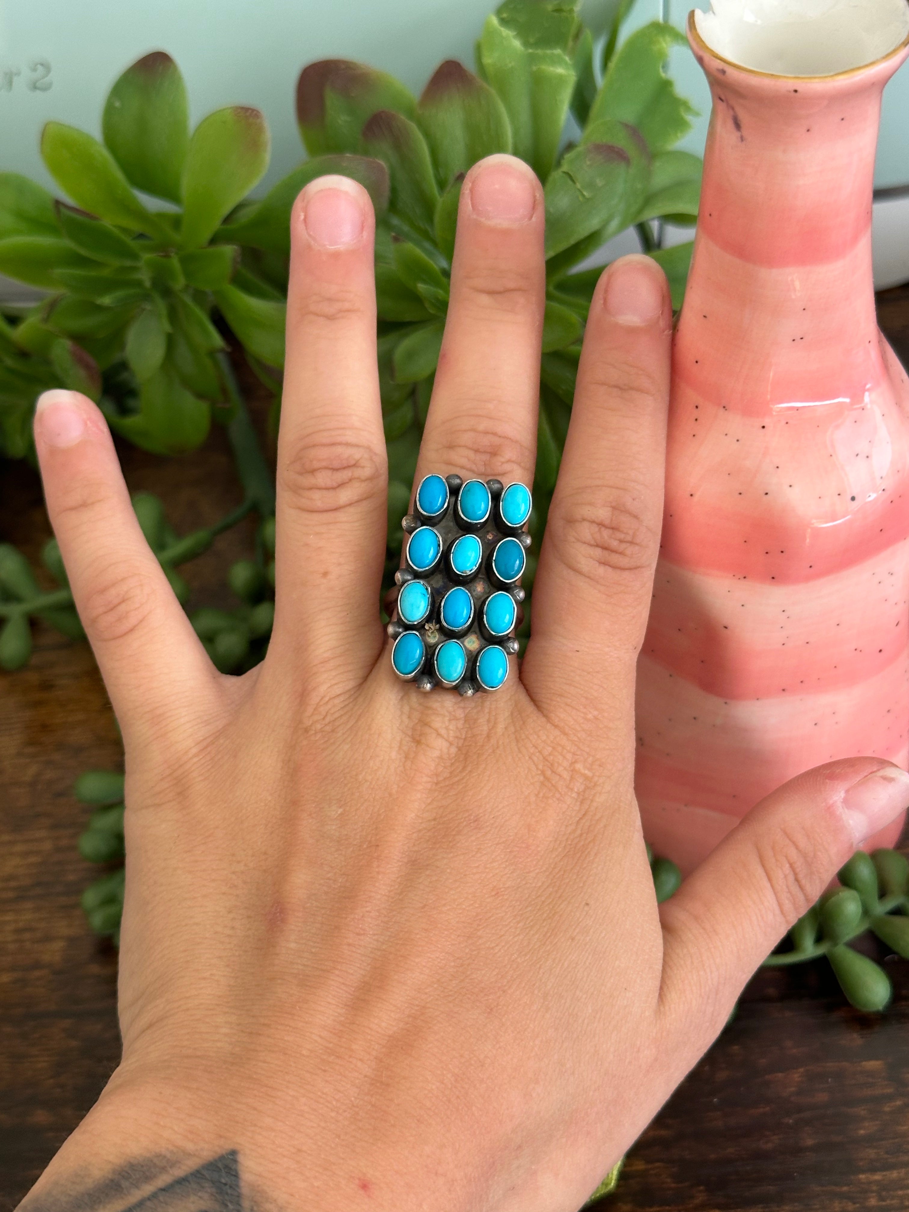 Navajo Made Kingman Turquoise & Sterling Silver Cluster Ring Size 10