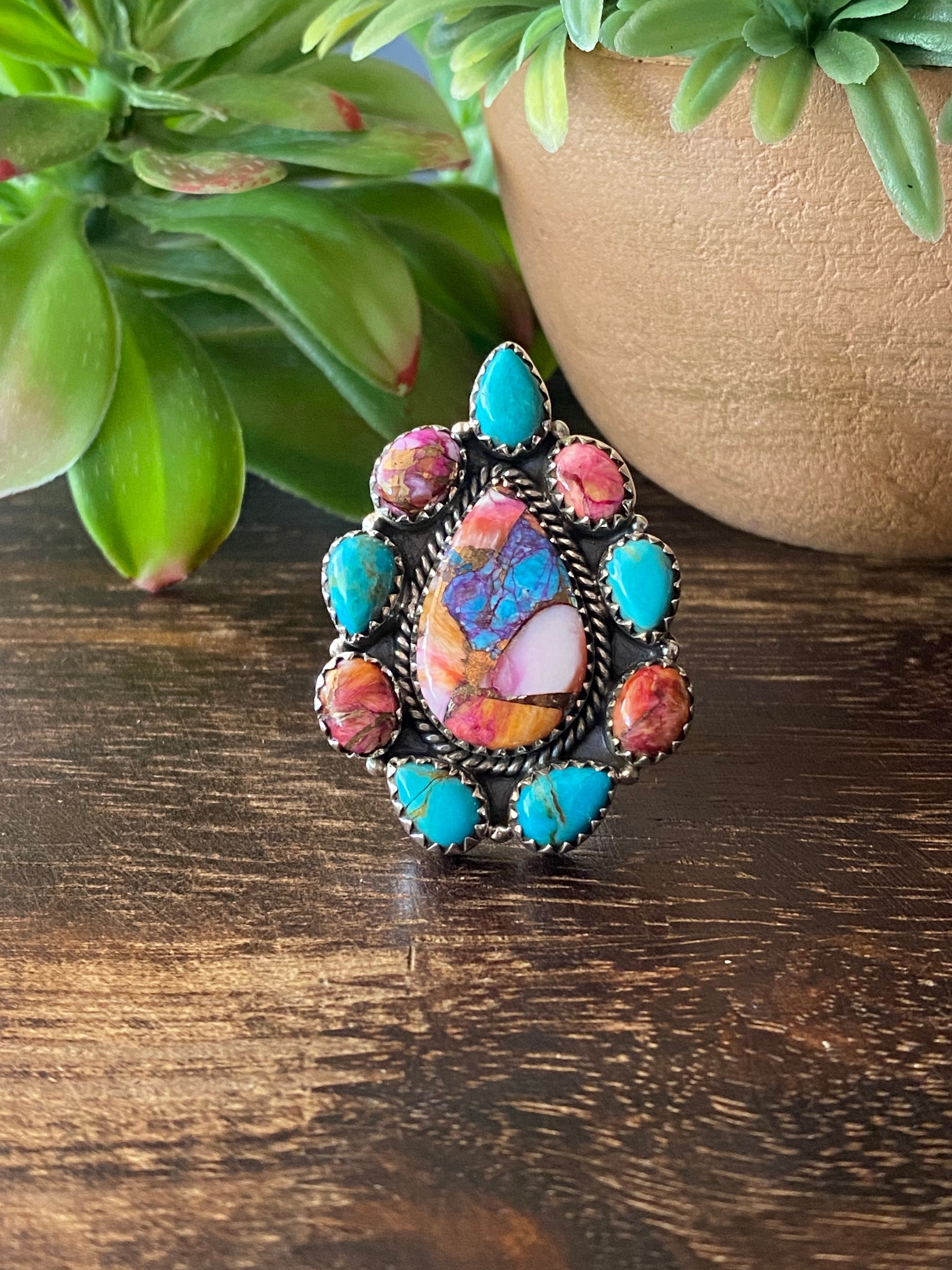 Southwest Handmade Multi Stone & Sterling Silver Adjustable Cluster Ring