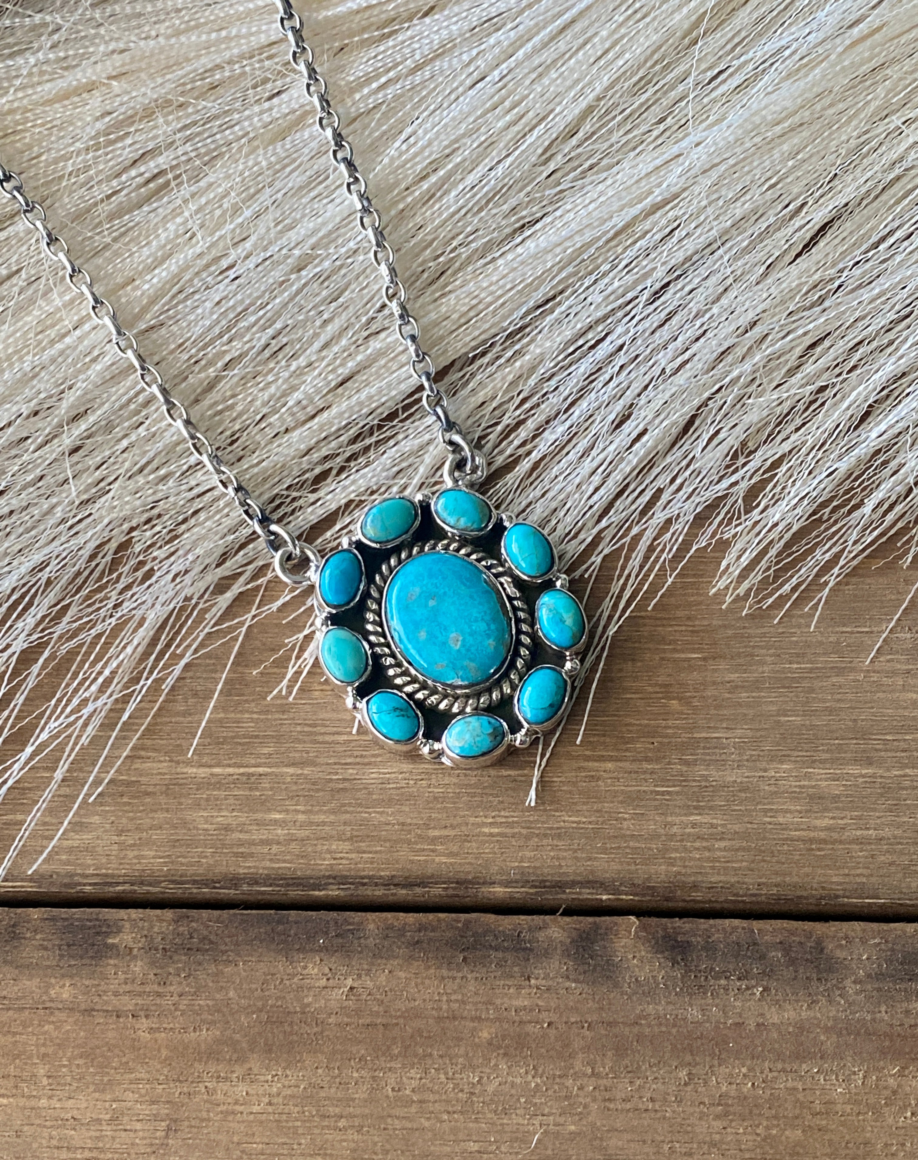 Southwest Handmade Kingman Turquoise & Sterling Silver Cluster Necklace