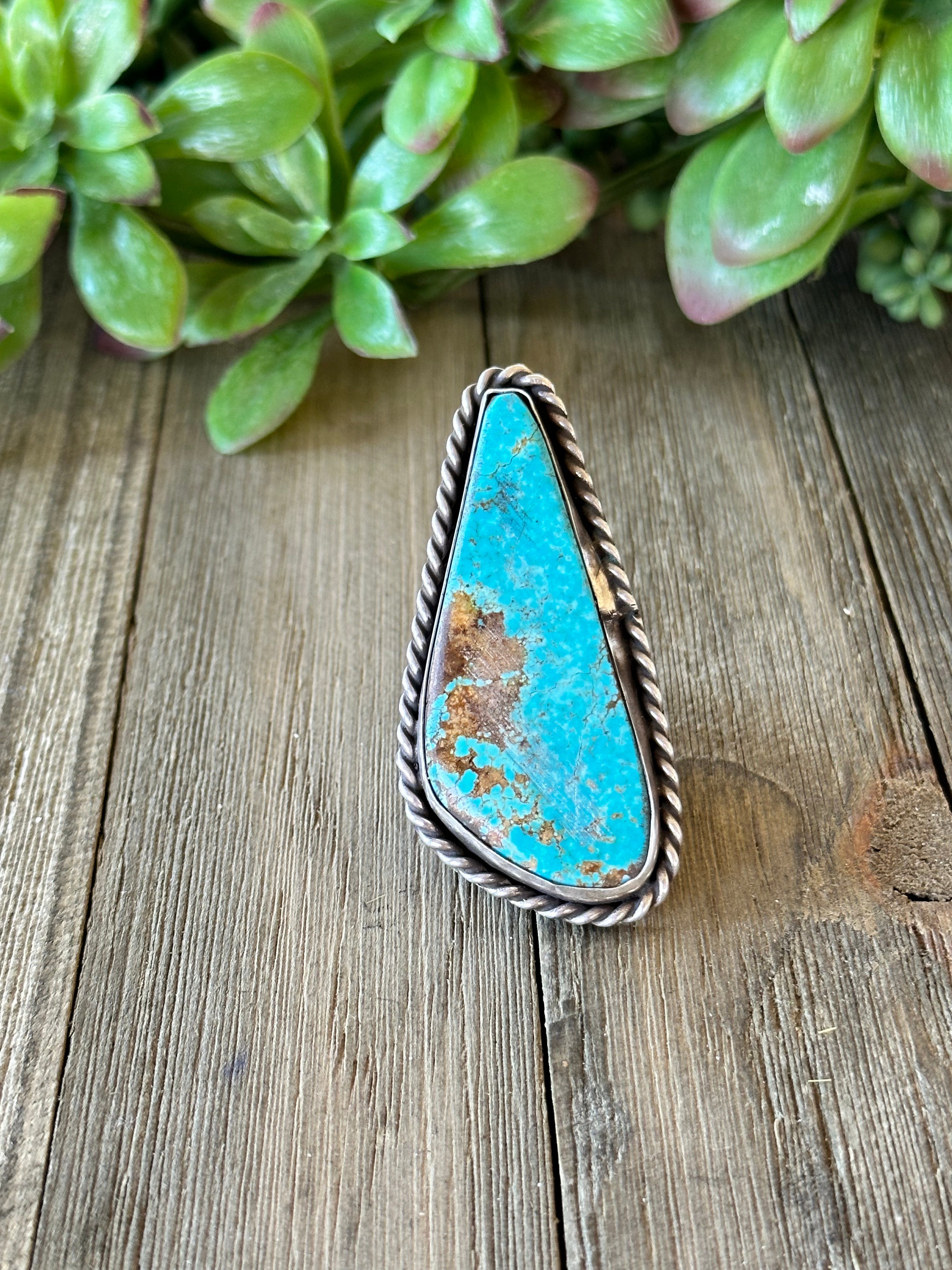 Navajo Handmade Kingman Turquoise & Sterling Silver Ring Size 8