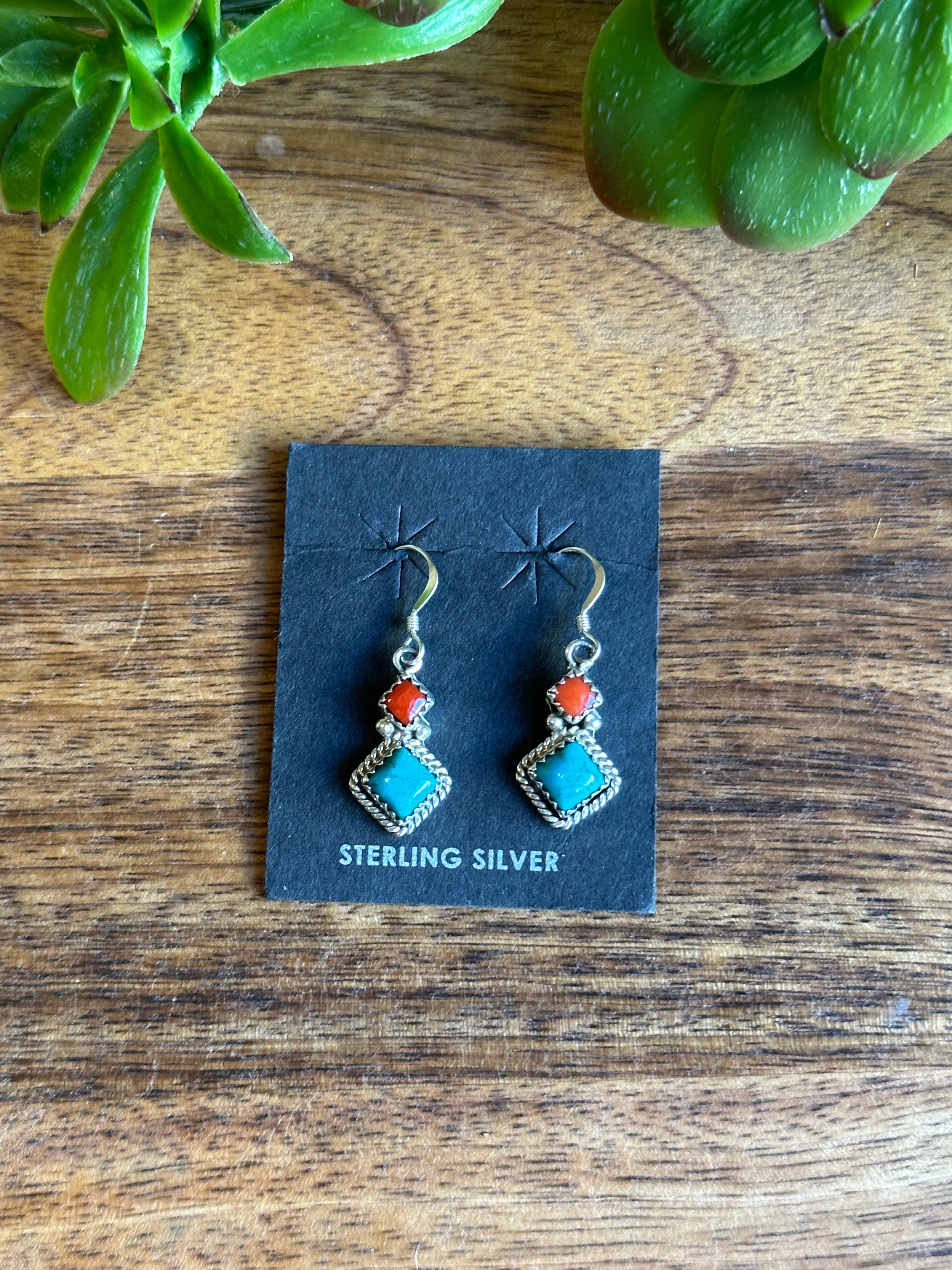 Navajo Made Multi Stone & Sterling Silver Dangle Earrings