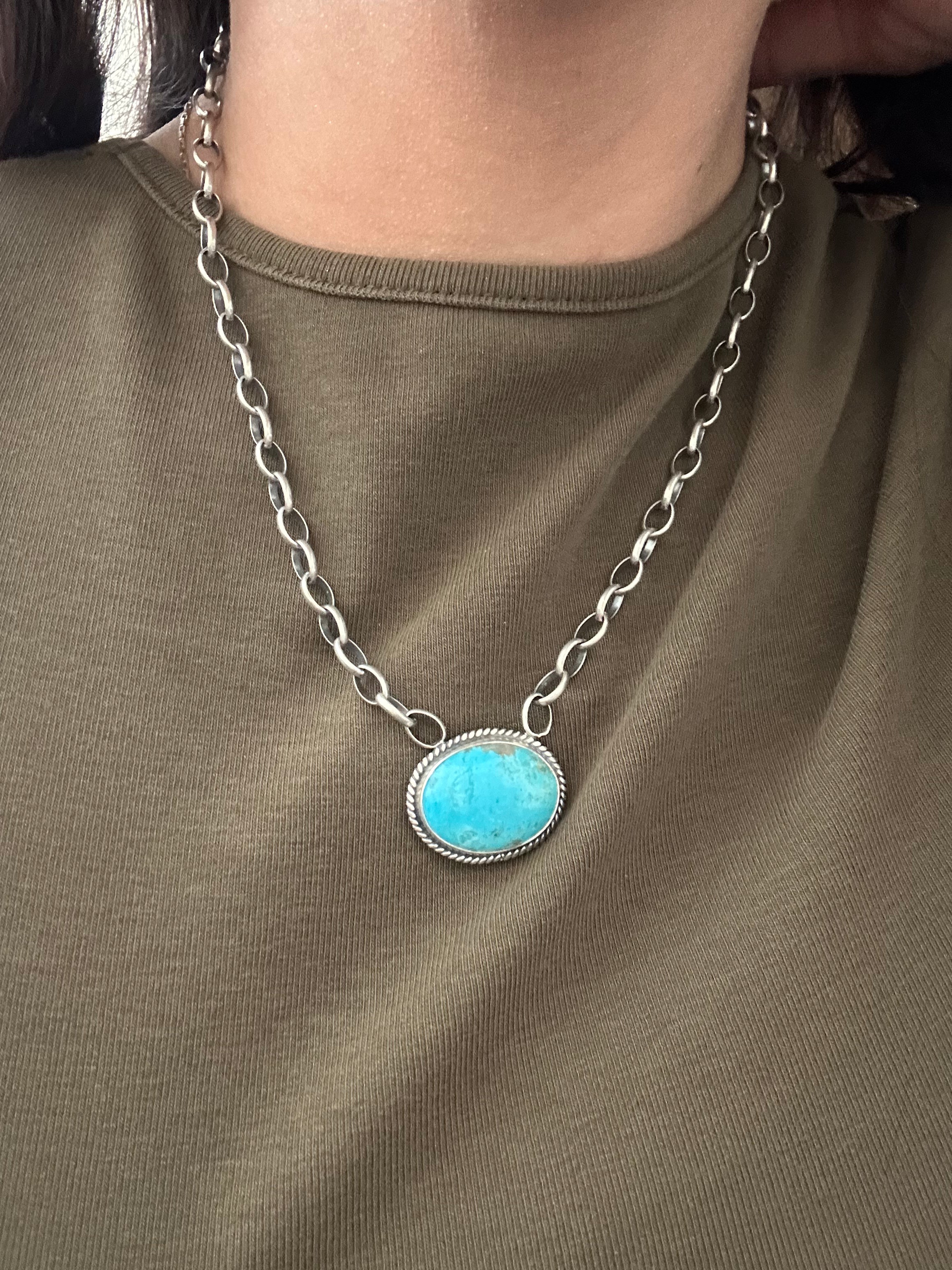 Navajo Made Kingman Turquoise & Sterling Silver Necklace