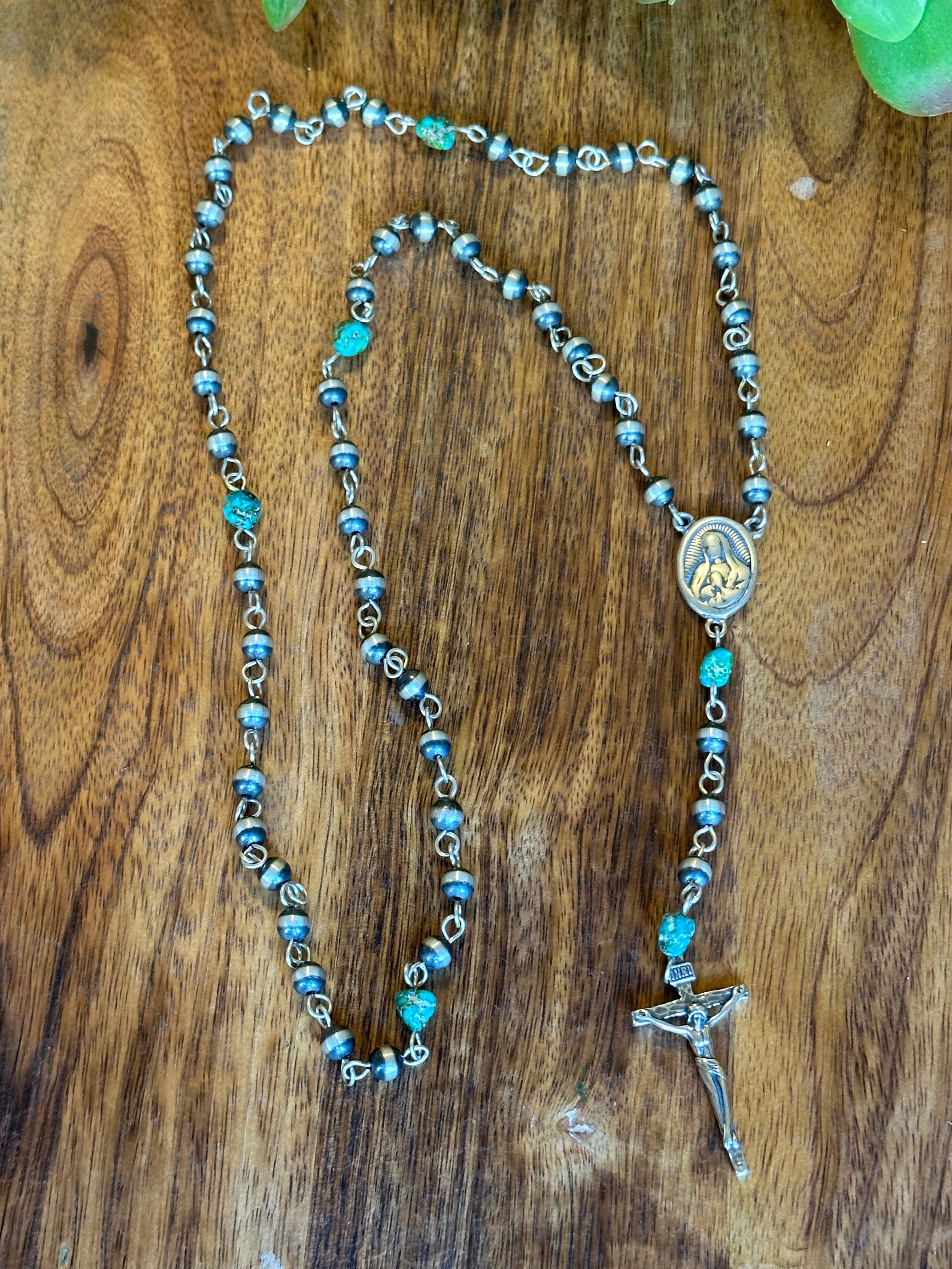 Navajo Strung Sonoran Mountain Turquoise & Sterling Silver Beaded Pearls Rosarie Necklace