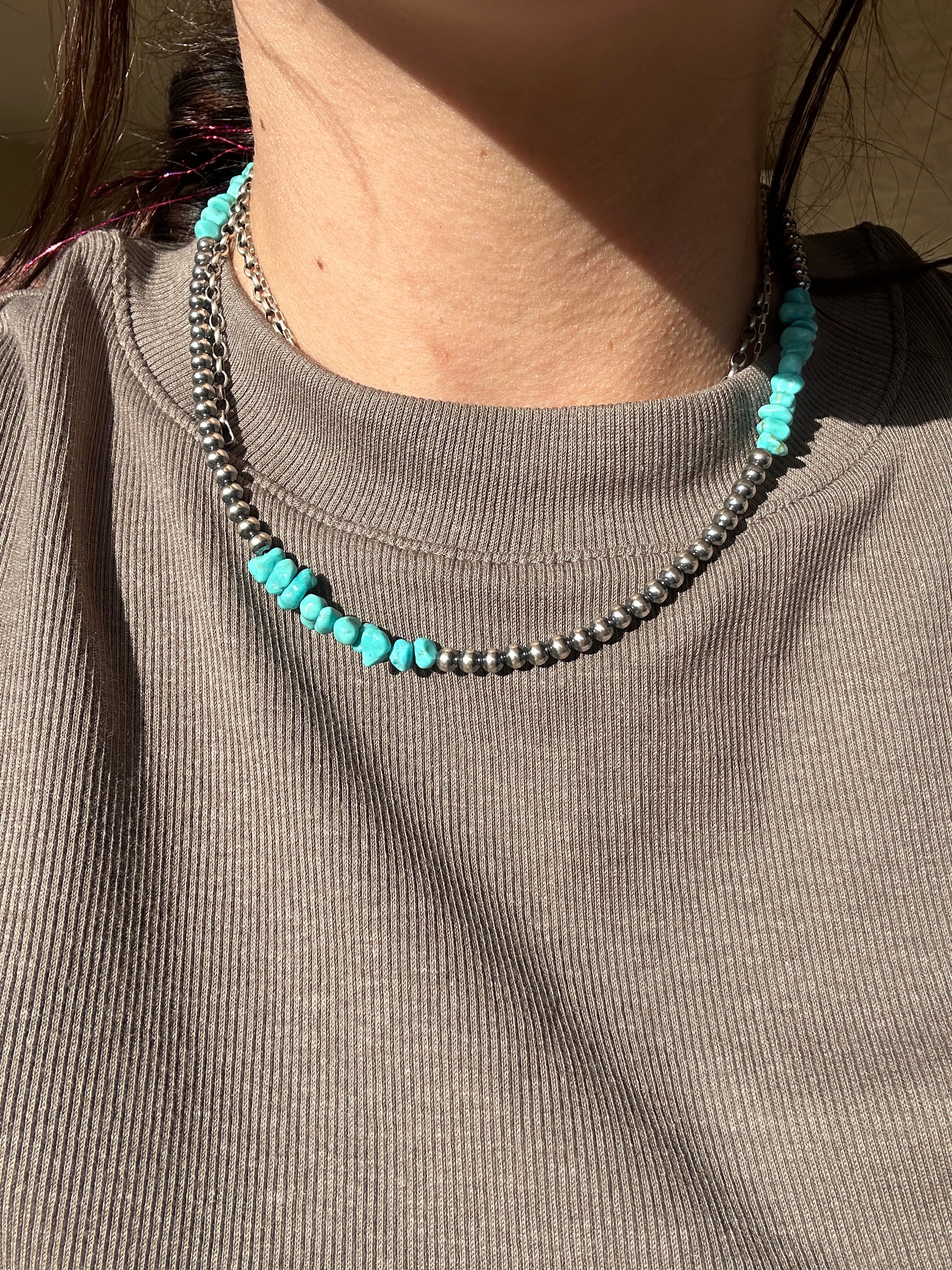 Navajo Made Kingman Turquoise & Sterling Silver 4 MM 16 Inch Pearl Necklace