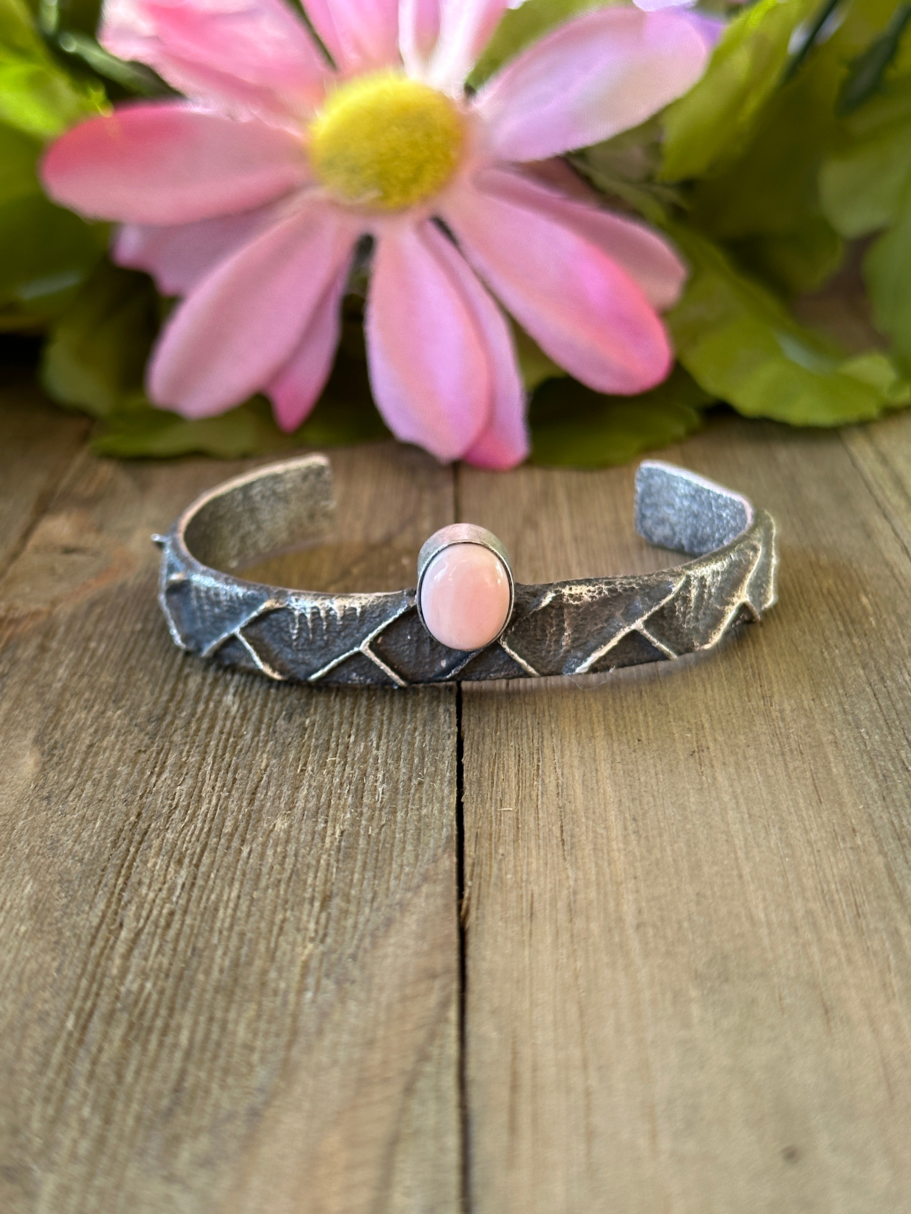 Navajo Made Pink Conch & Sterling Silver Tufa Cast Cuff Bracelet