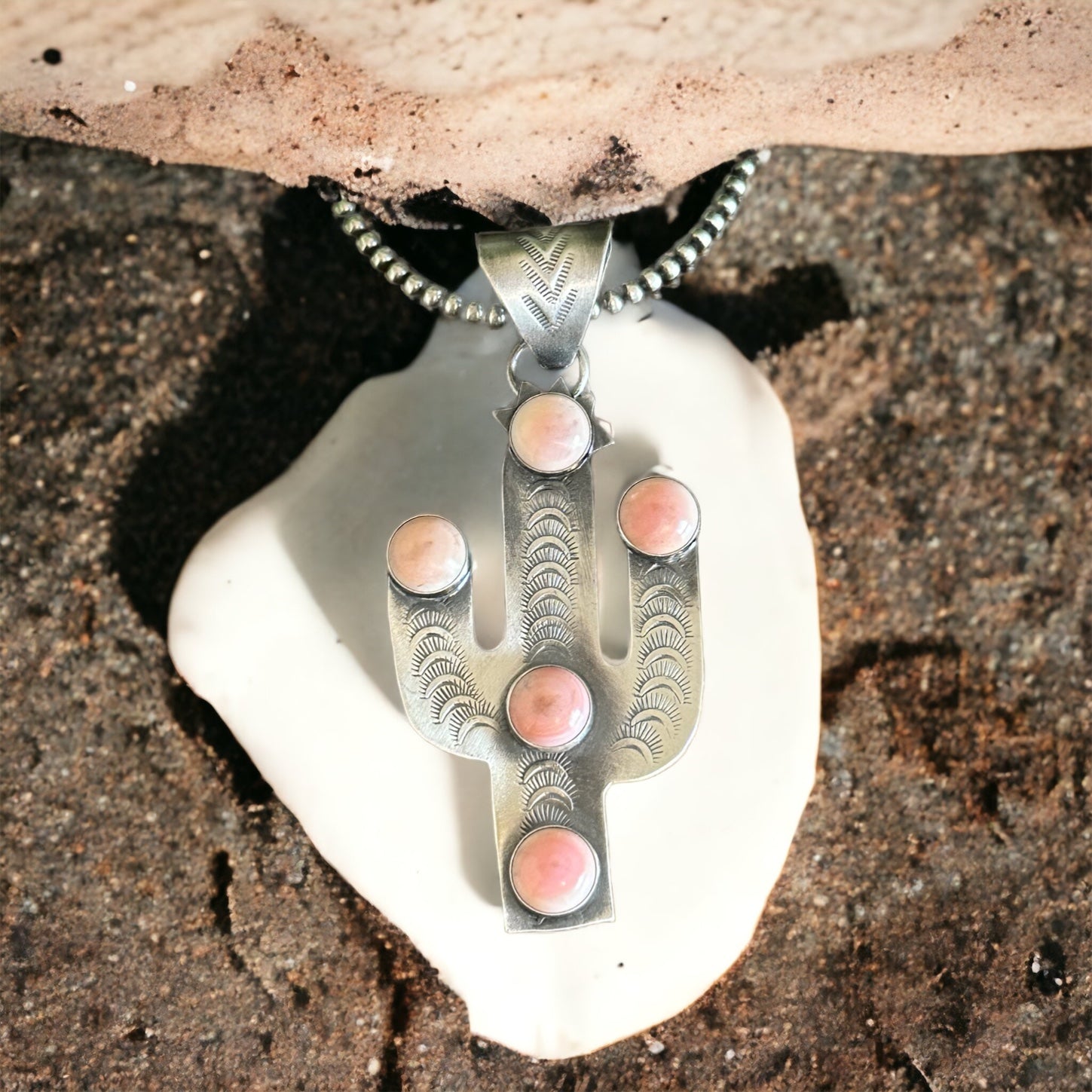 Tony Yazzie Pink Conch & Sterling Silver Cactus Pendant