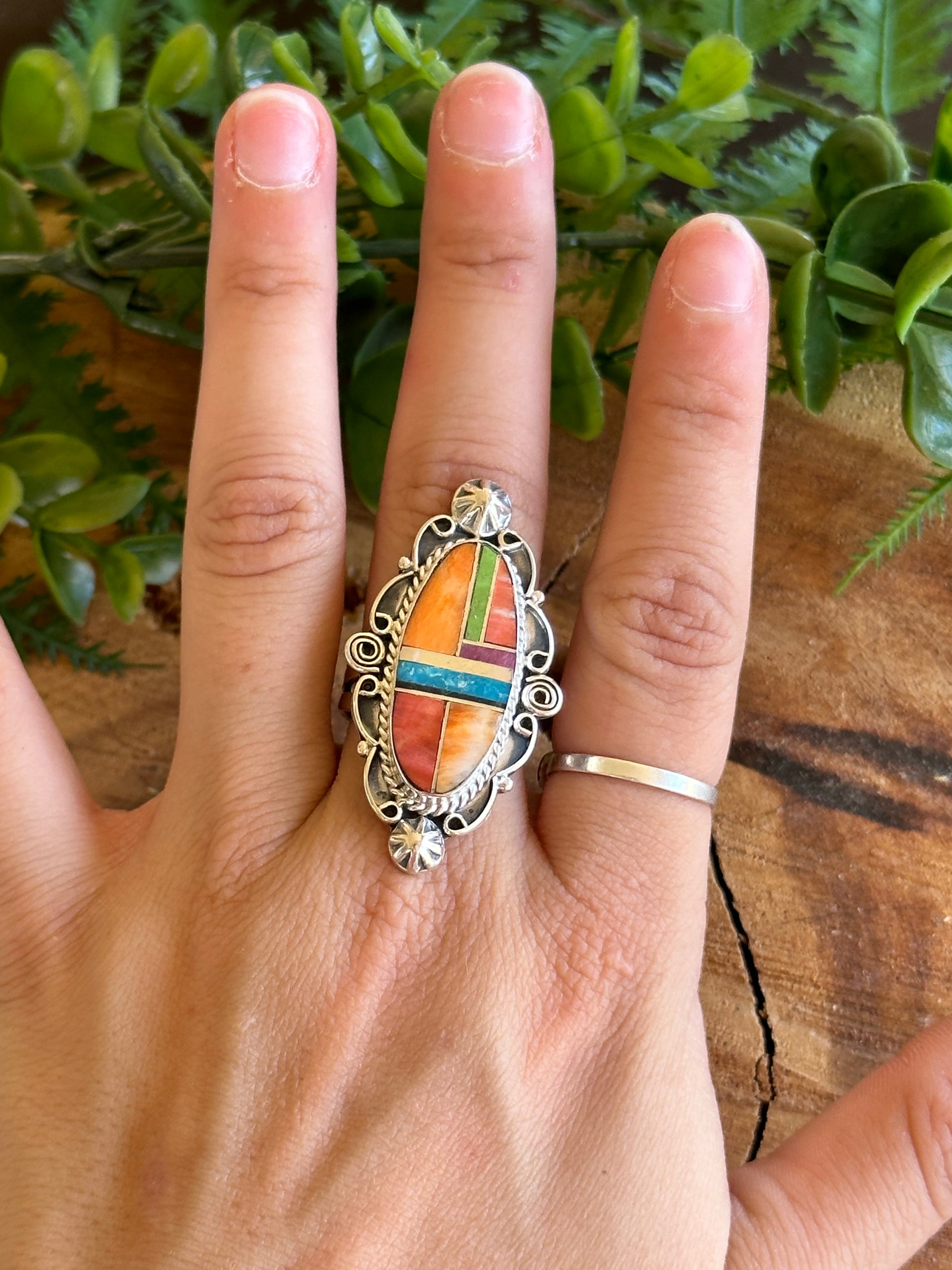 Navajo Made Multi Stone Ring & Sterling Silver Inlay Ring Size 8.5