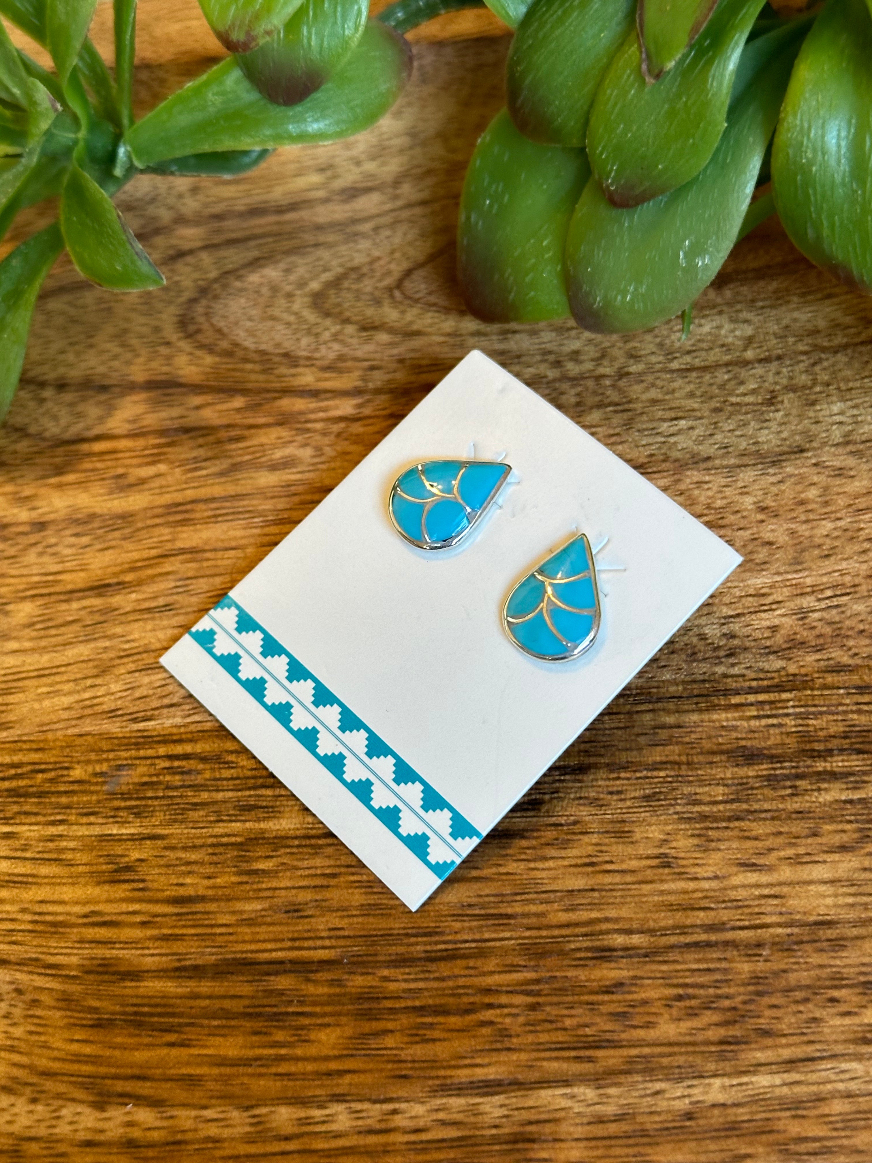 Navajo Made Turquoise & Sterling Silver  Post Inlay Earrings