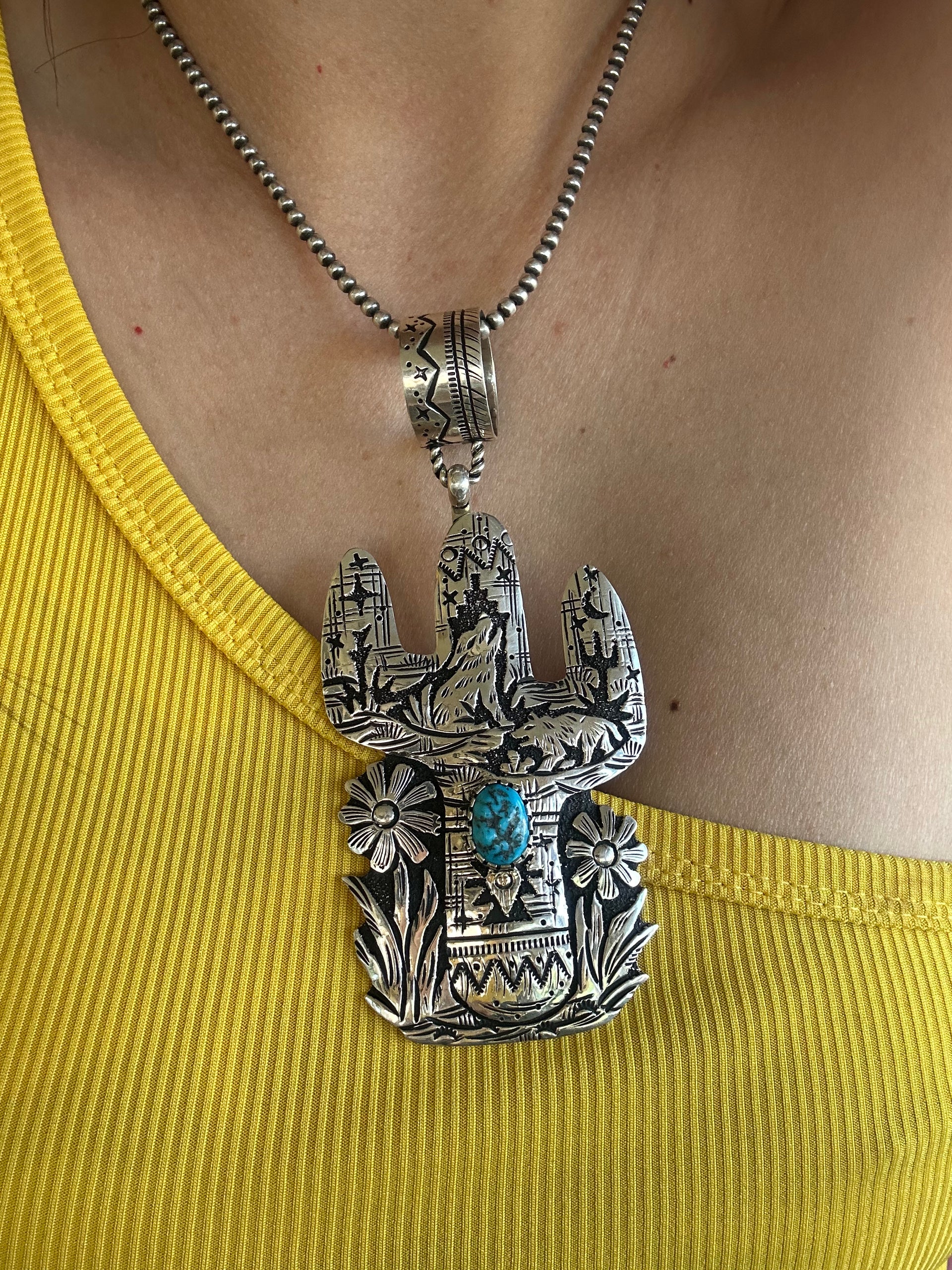 Tommy & Rose Singer Kingman Turquoise & Sterling Silver Cactus Pendant