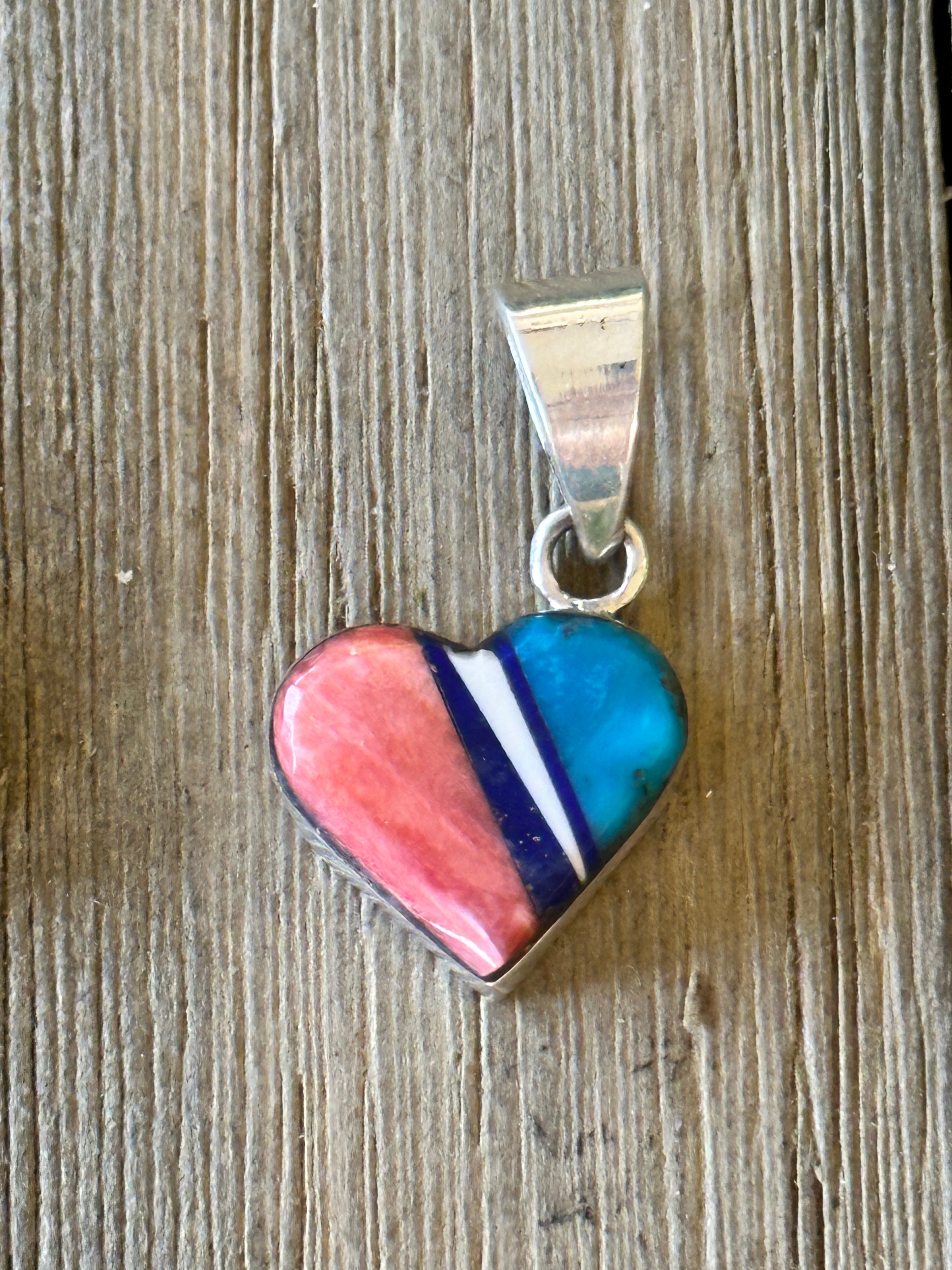 Navajo Made Multi Stone & Sterling Silver Inlay Heart Pendant