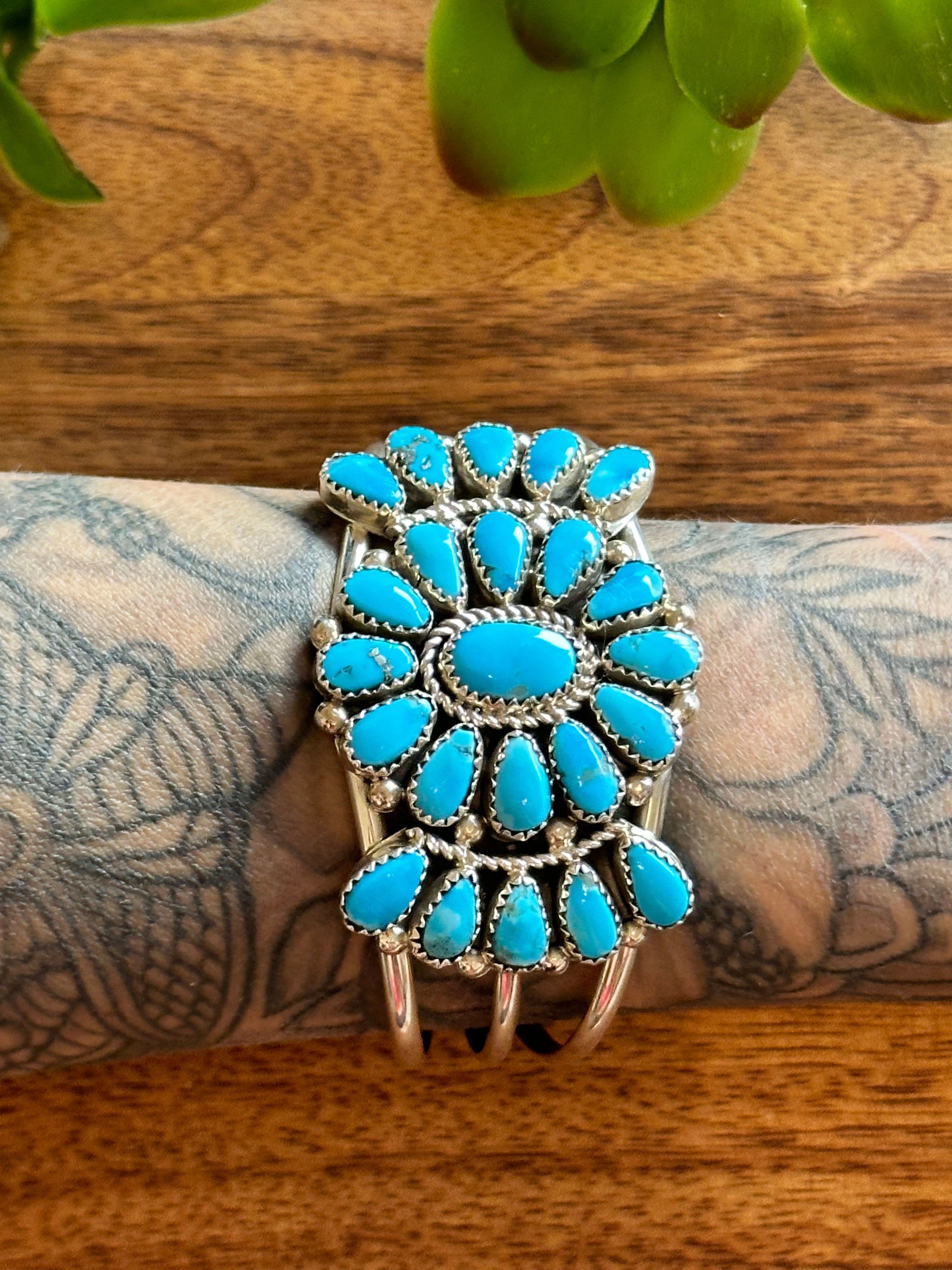 Eunis Tso Kingman Turquoise & Sterling Silver Cluster Cuff Bracelet