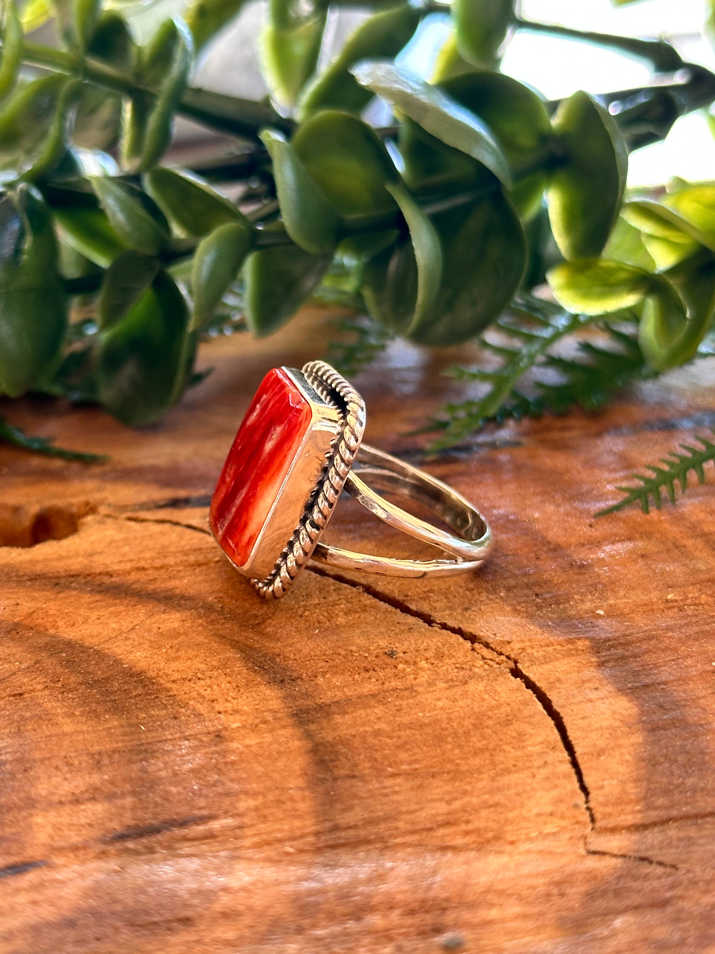 Navajo Made Red Spiny Oyster & Sterling Silver Ring Size 8.75