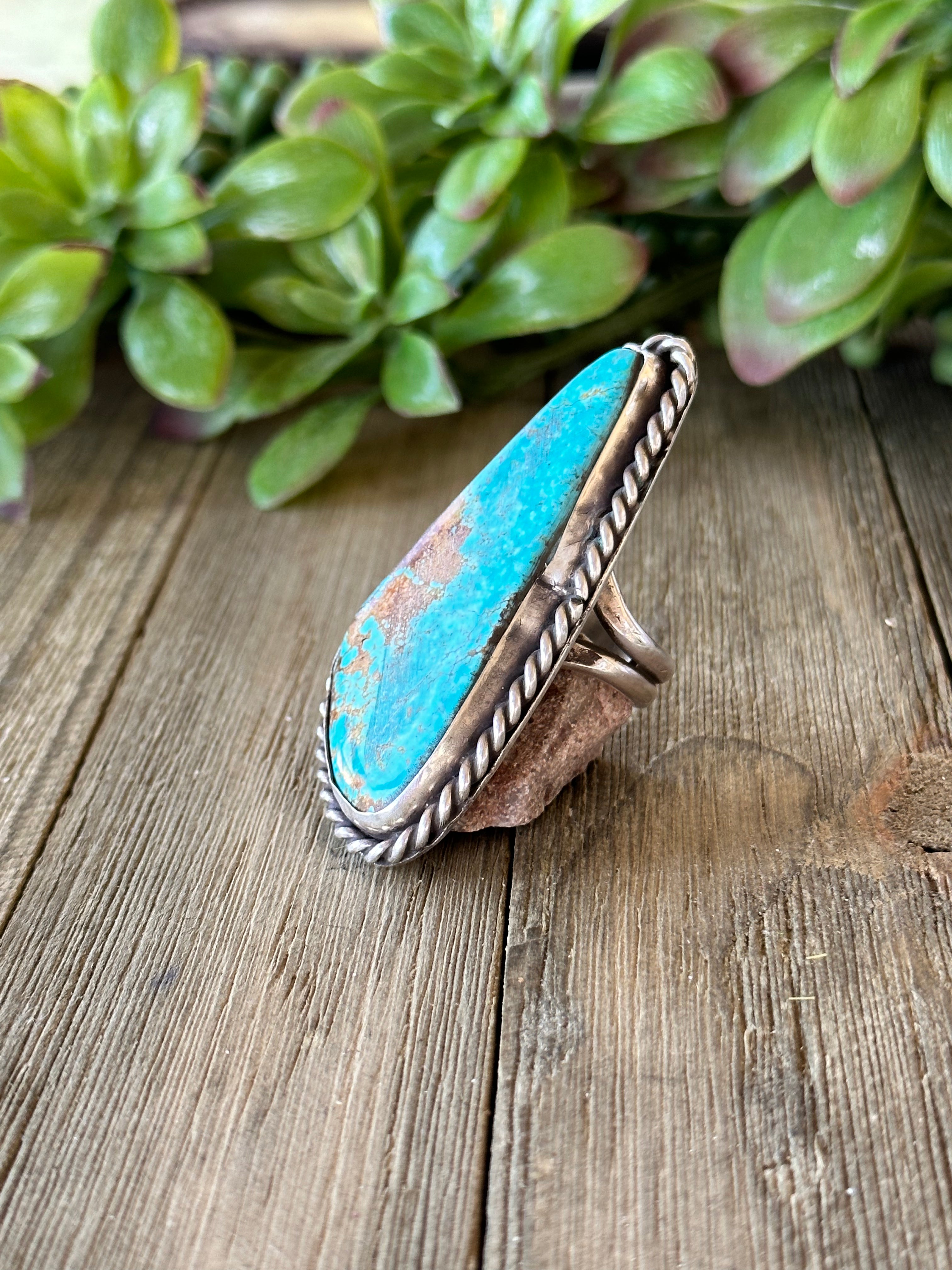 Navajo Handmade Kingman Turquoise & Sterling Silver Ring Size 8