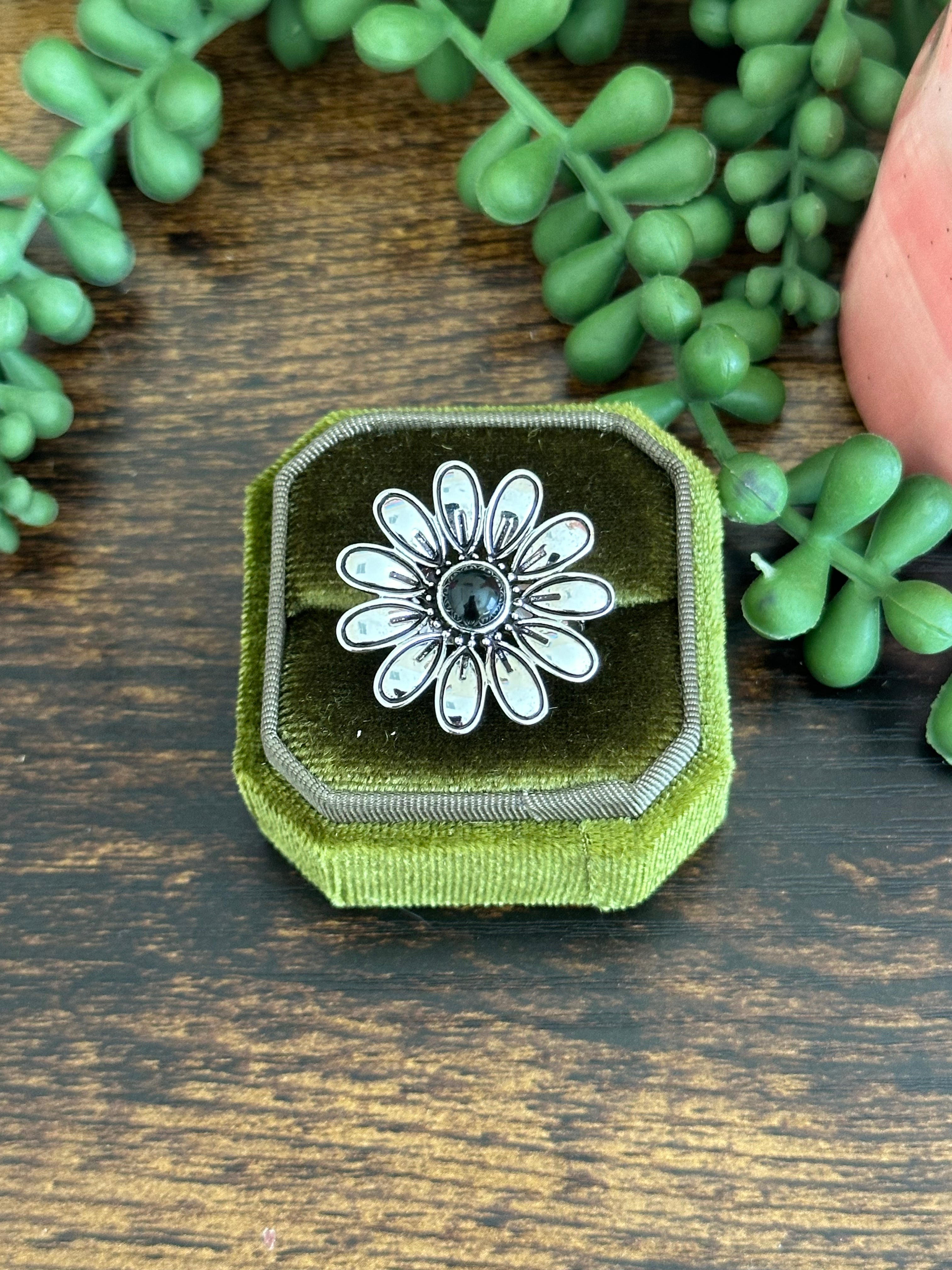 Southwest Made Onyx & Sterling Silver Flower Adjustable Ring