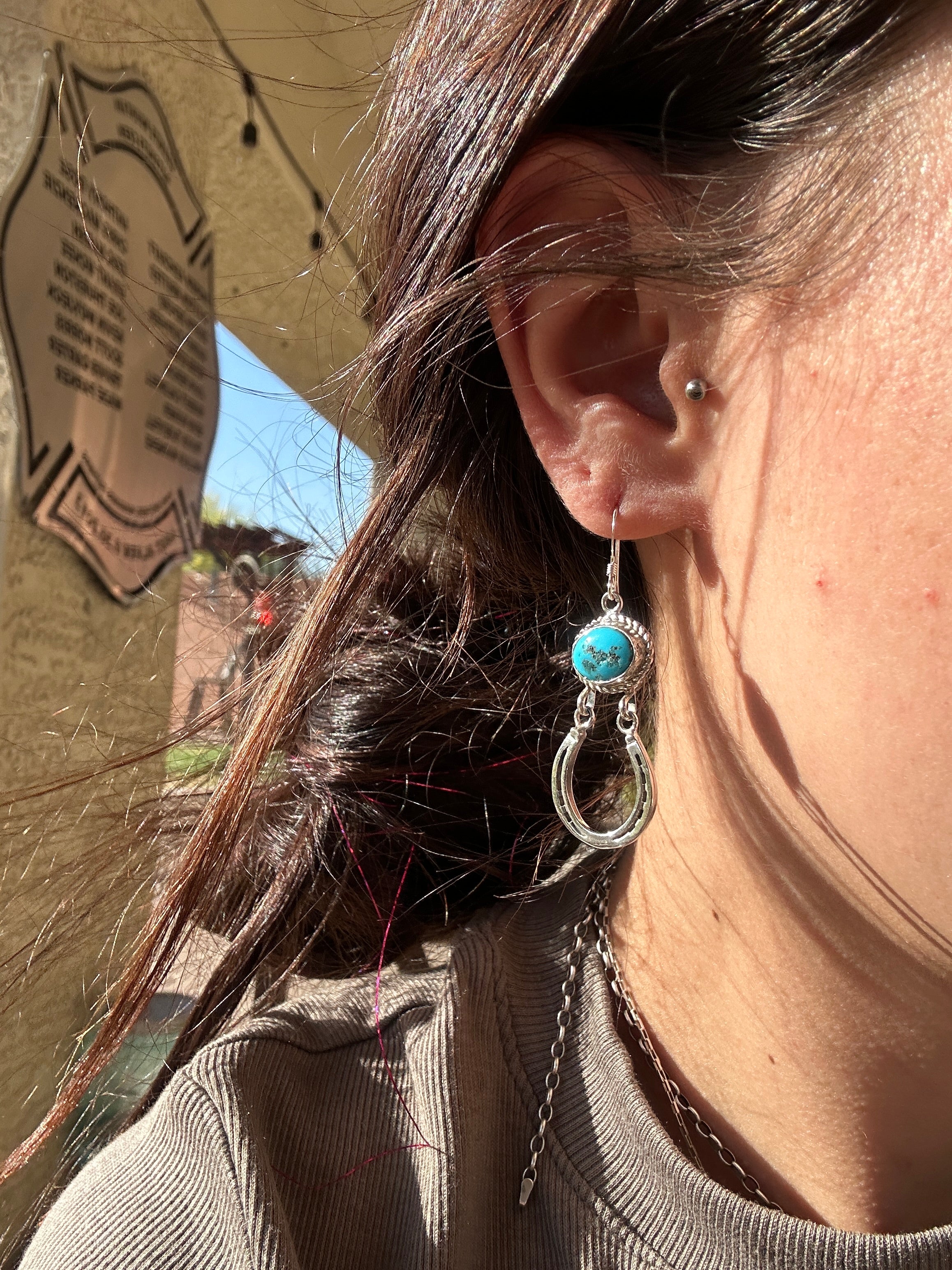 Navajo Made Kingman Turquoise & Sterling Silver Horse Shoe Dangle Earrings