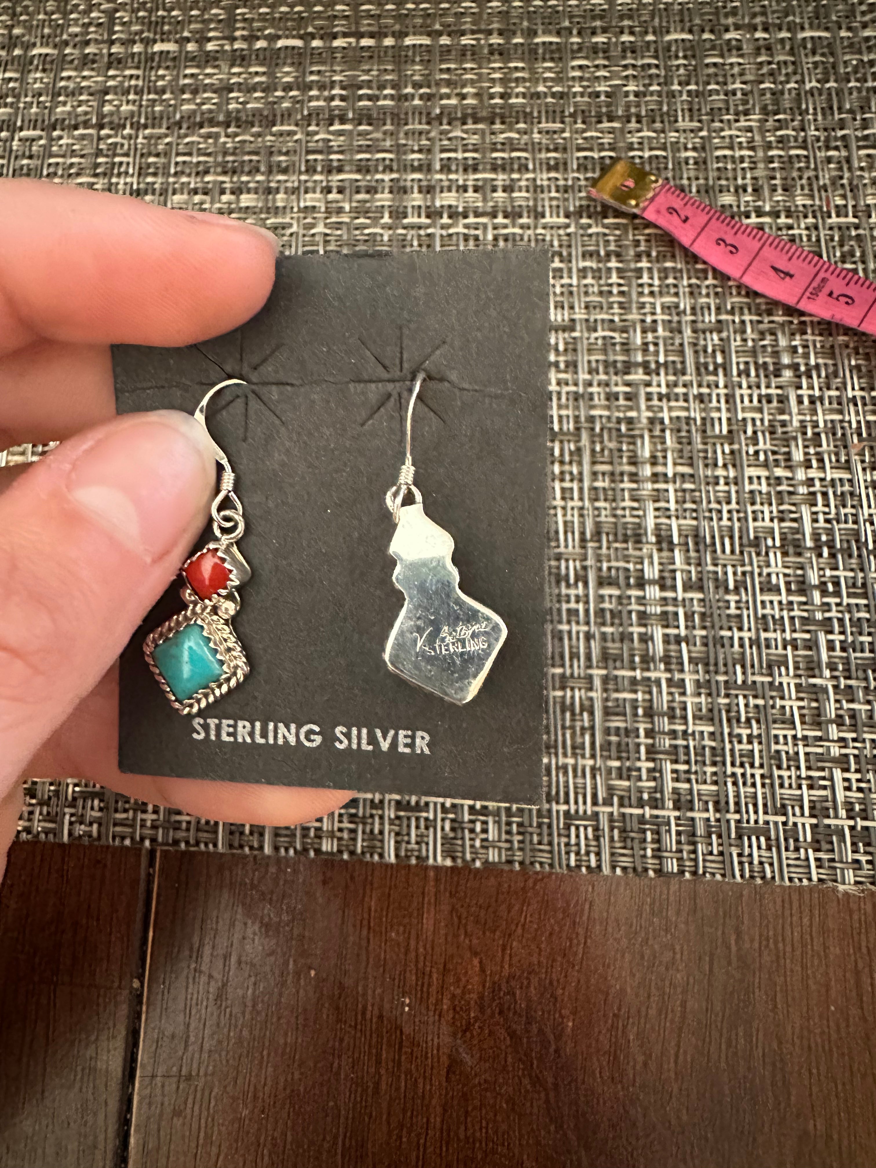 Navajo Made Multi Stone & Sterling Silver Dangle Earrings