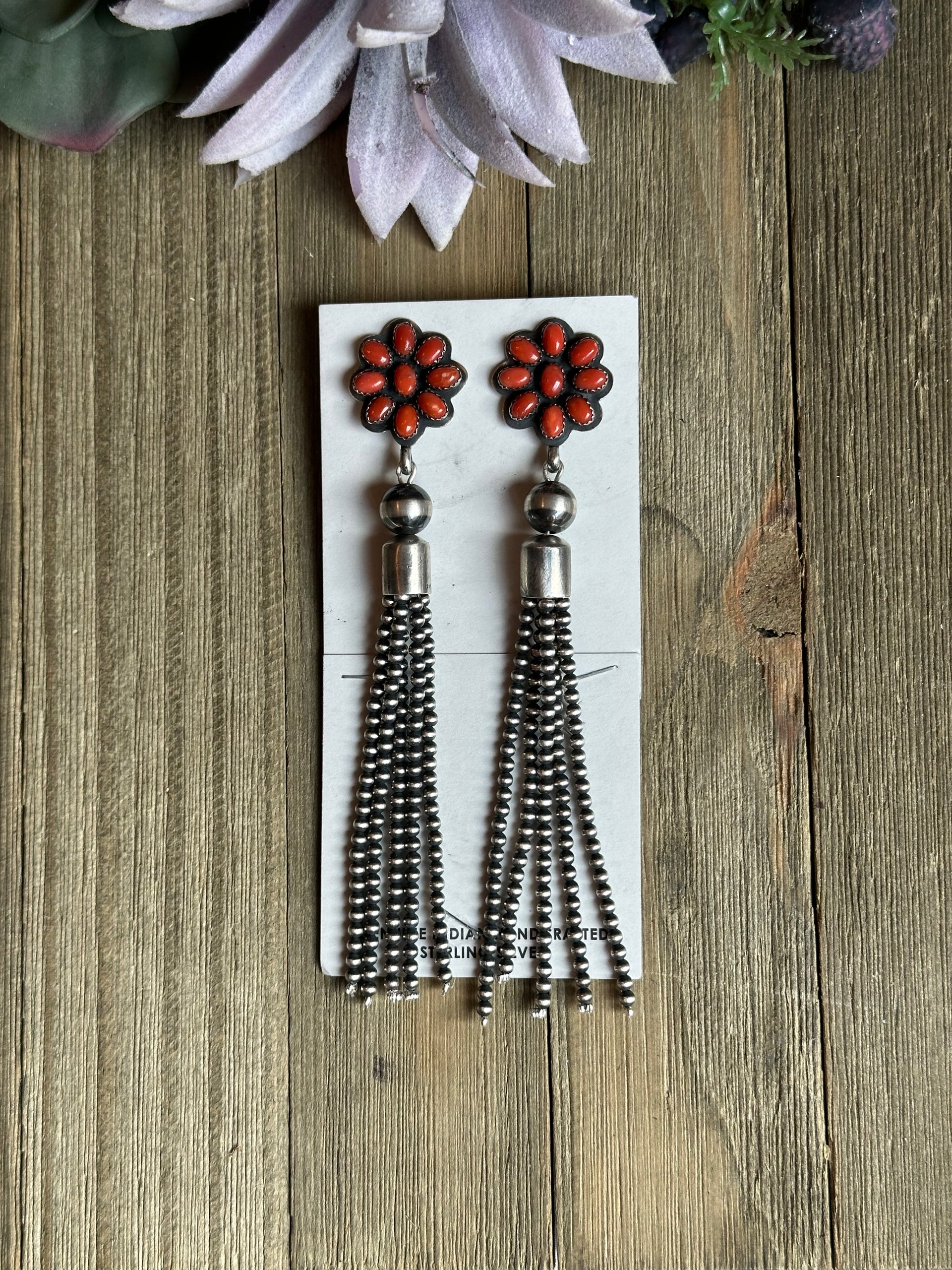 E. Richards Coral & Sterling Silver Post Cluster Dangle Earrings