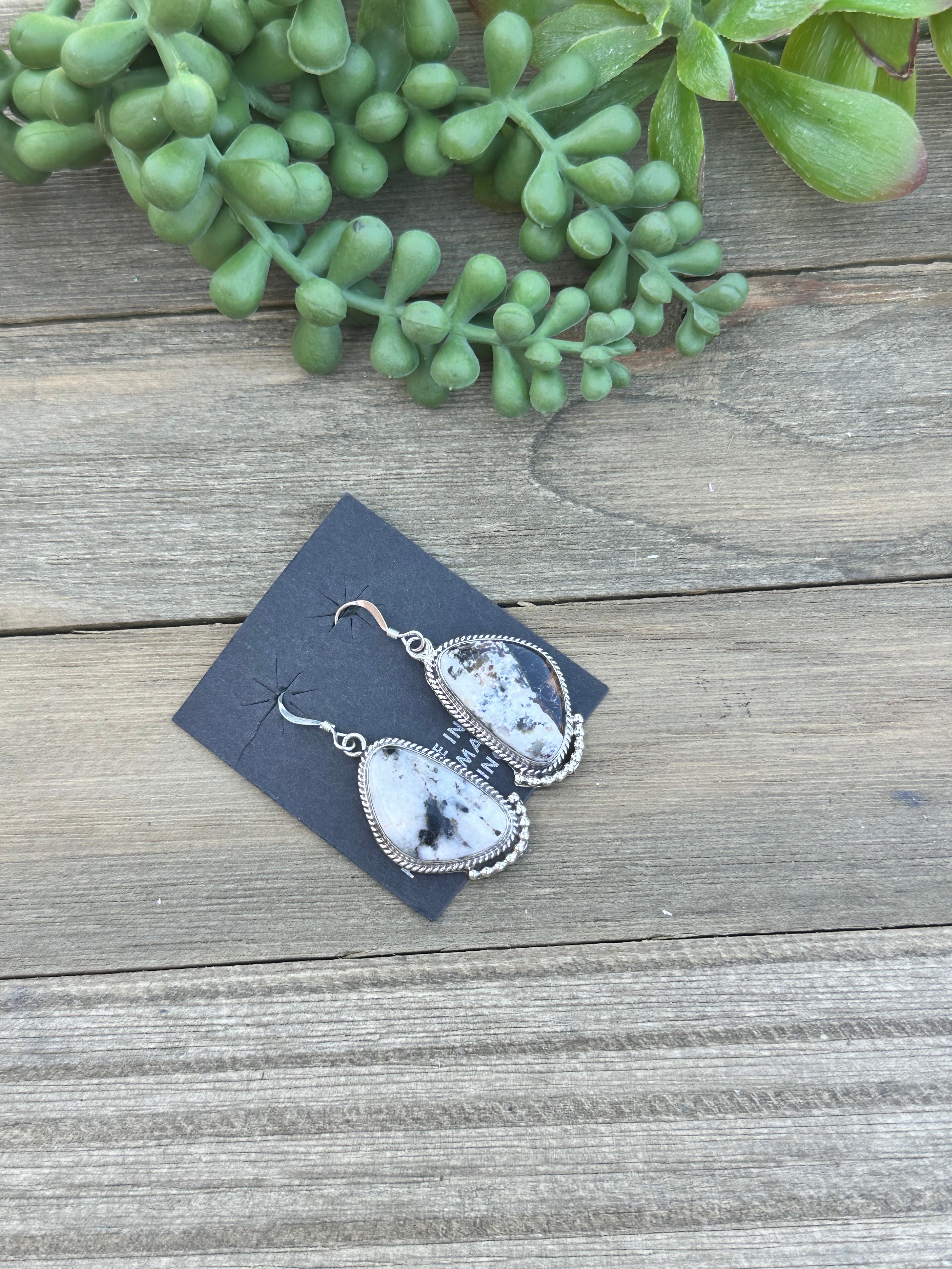 Navajo Made White Buffalo & Sterling Silver Dangle Earrings