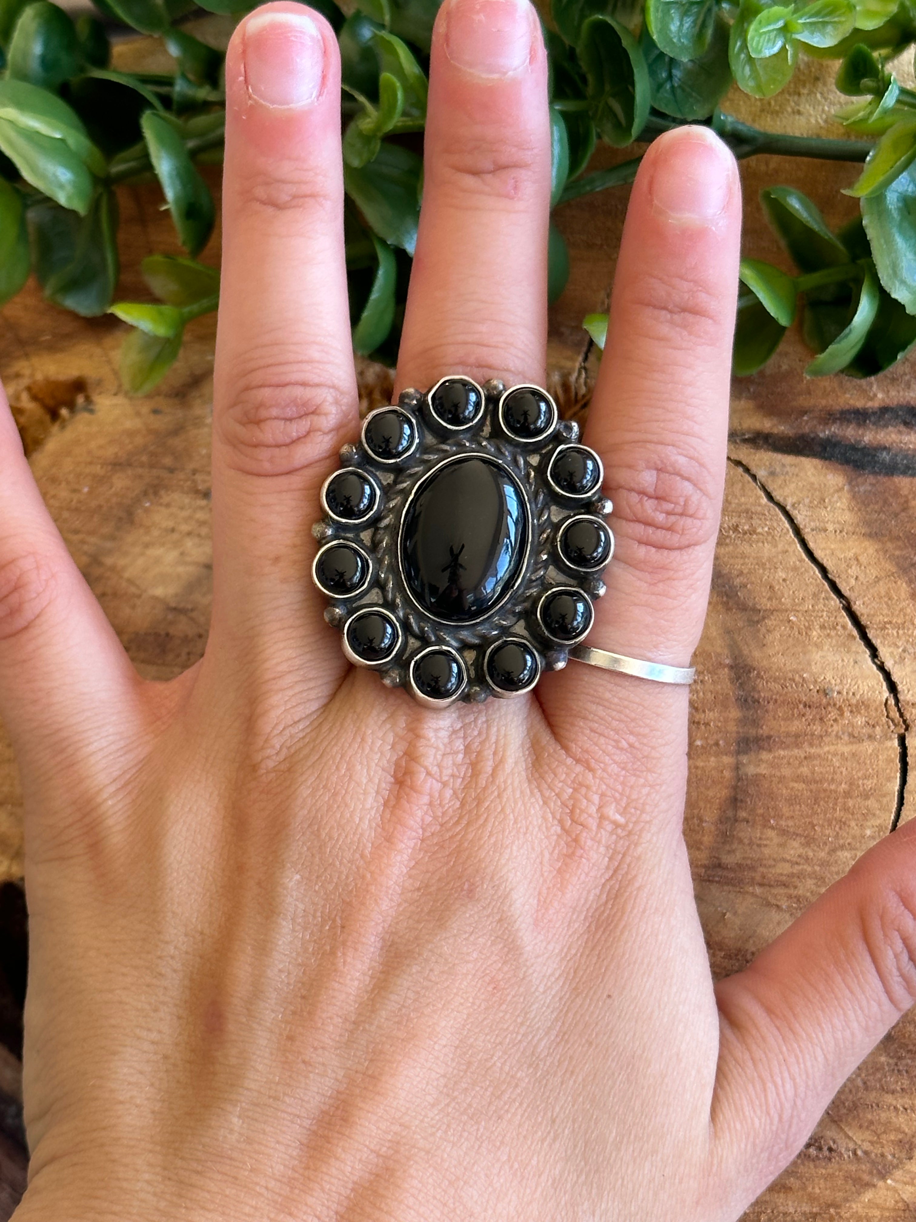 Navajo Made Onyx & Sterling Silver Adjustable Cluster Ring