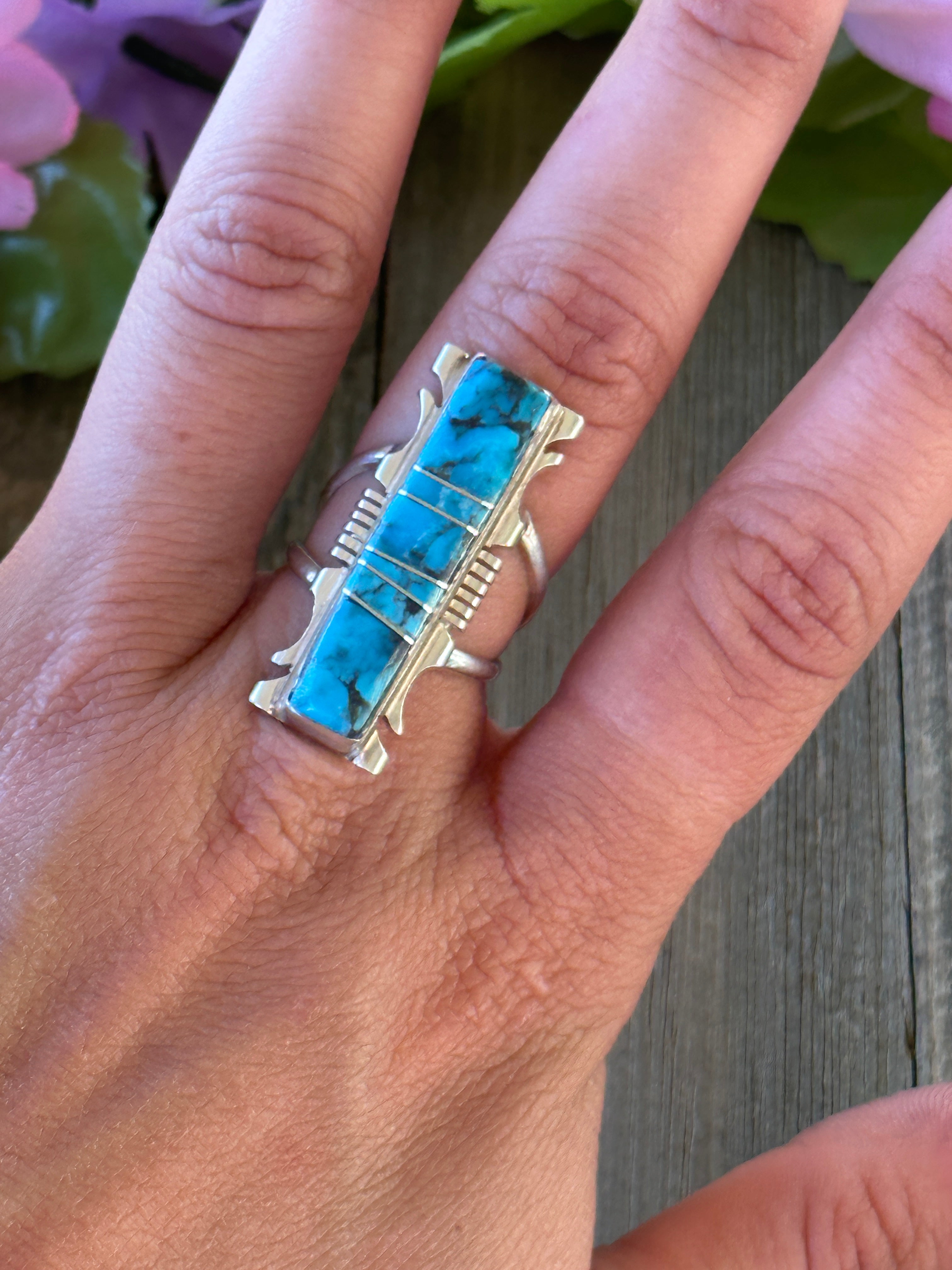 Navajo Made Kingman Turquoise & Sterling Silver Inlay Ring Size 7