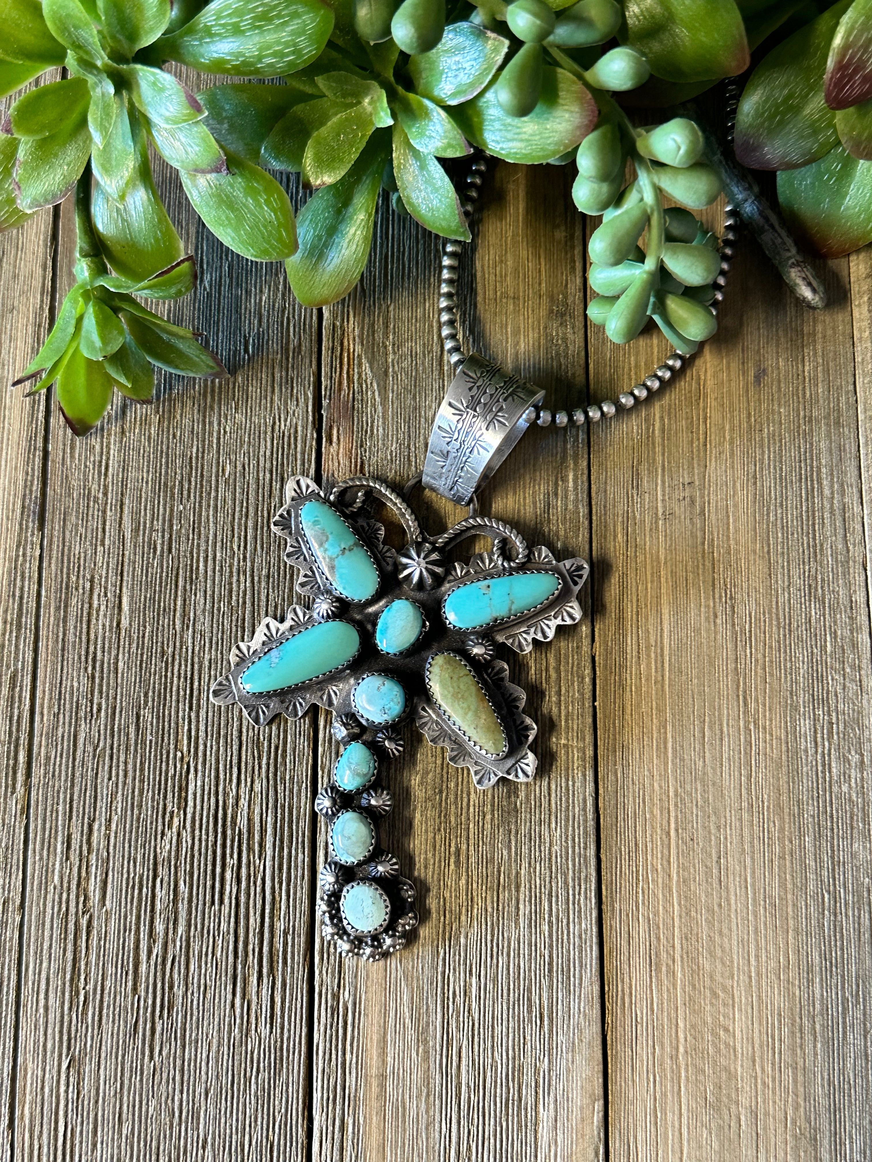 Navajo Made Kingman Turquoise & Sterling Silver Butterfly Pendant