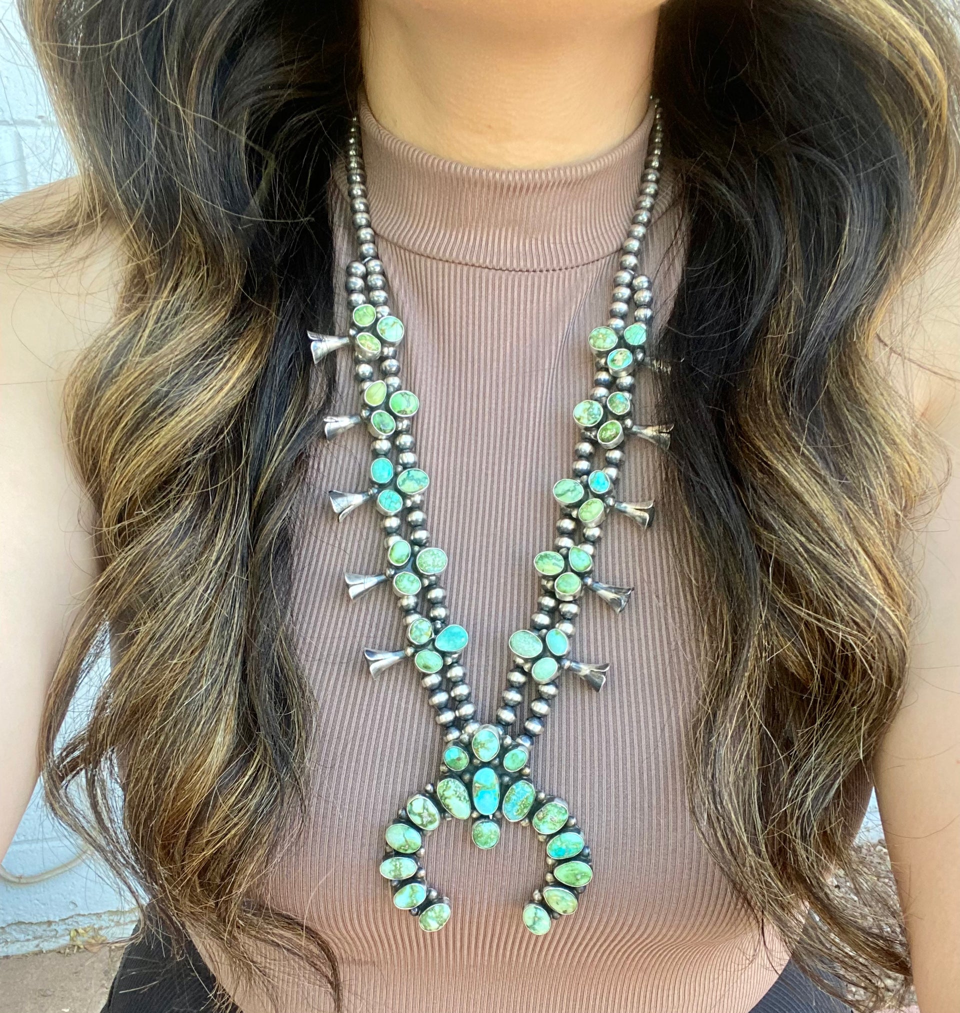 Kathleen Chavez Sonoran Gold Turquoise & Sterling Silver Squash Blossom Necklace Set