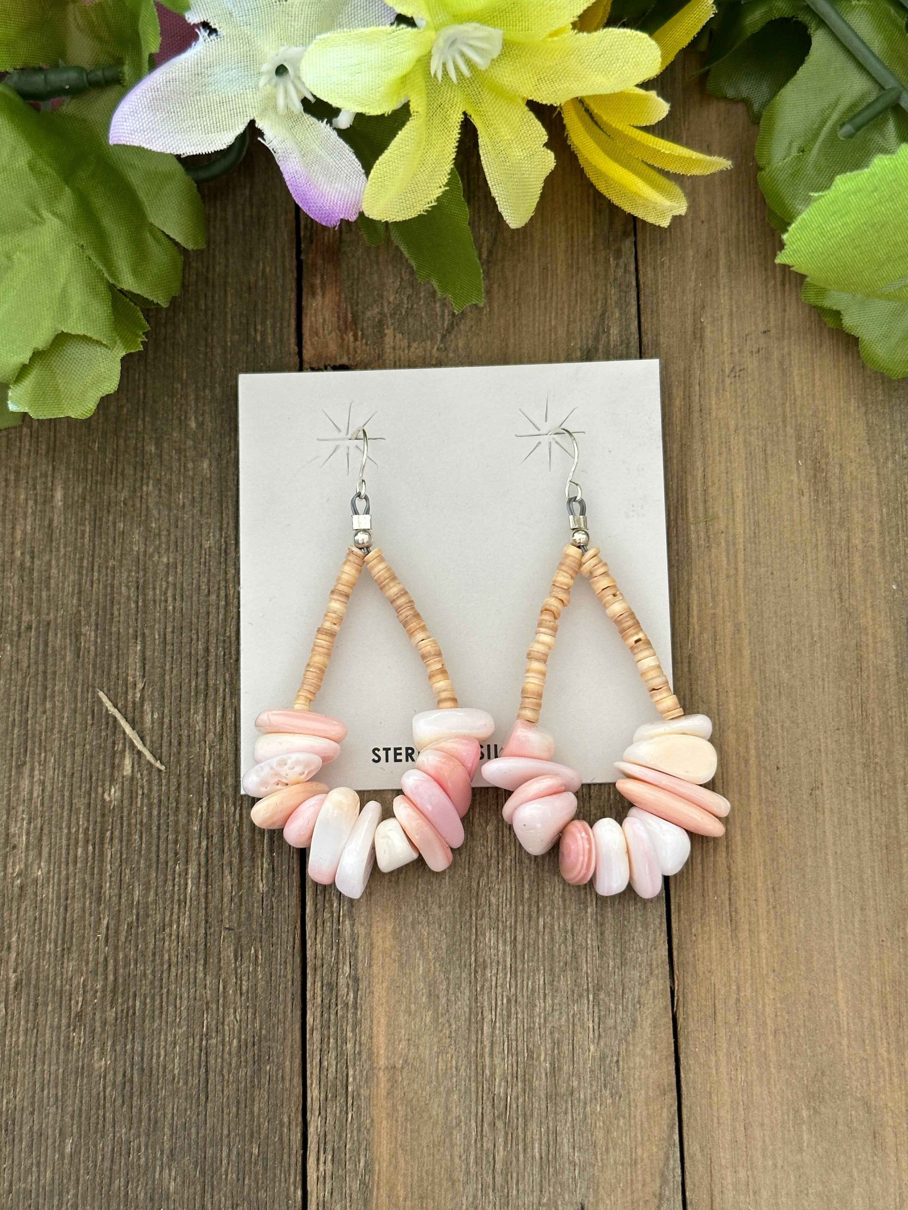 Navajo Strung Pink Conch & Shell Beads Dangle Earrings